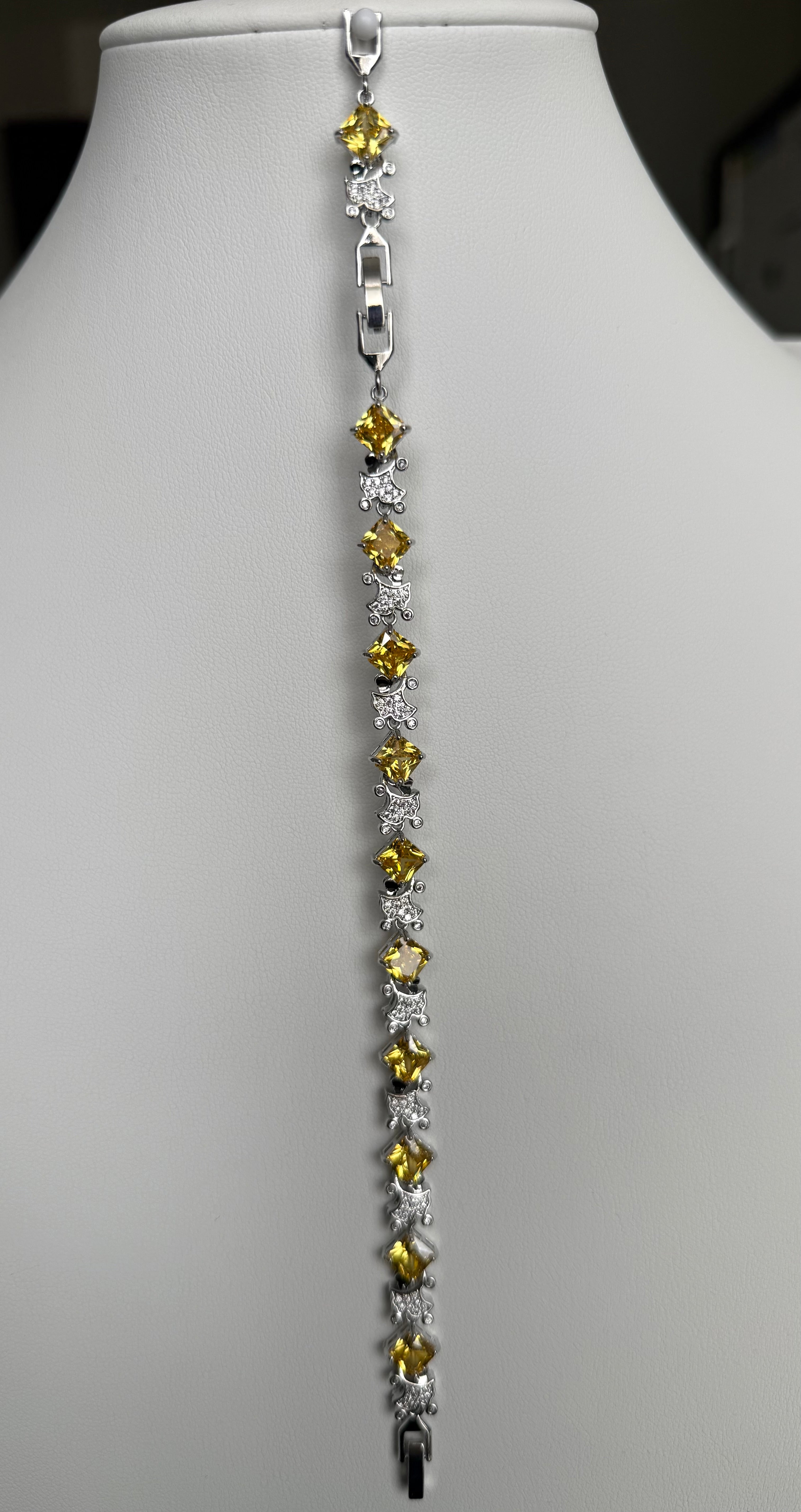 Golden Yellow Princess-Cut Crystal Link Bracelet – Silver Tone Statement Jewelry 7139