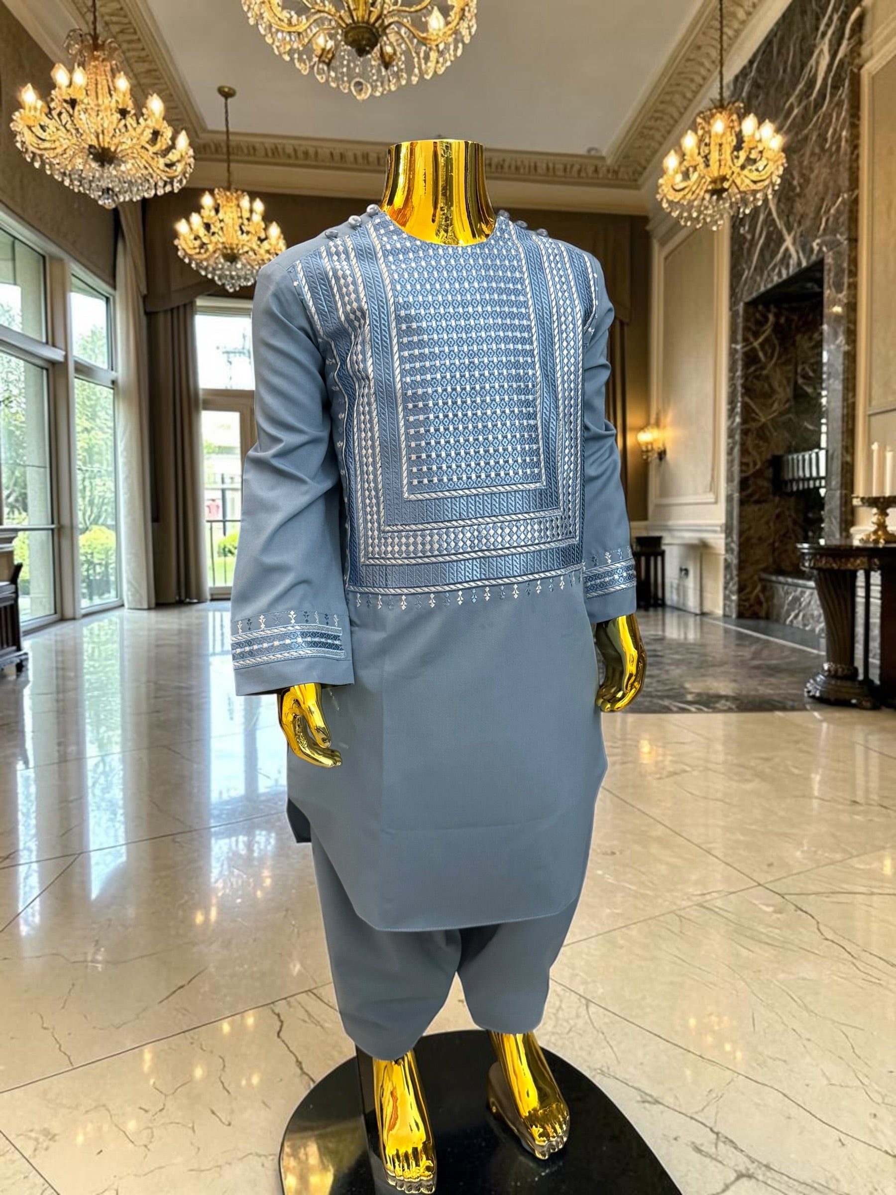 Boys Afghan Parahan Tunban Set – Sky Blue Embroidered Shalwar Kameez | Traditional Afghan Kids Outfit | Luqmaan Boutique Design #24
