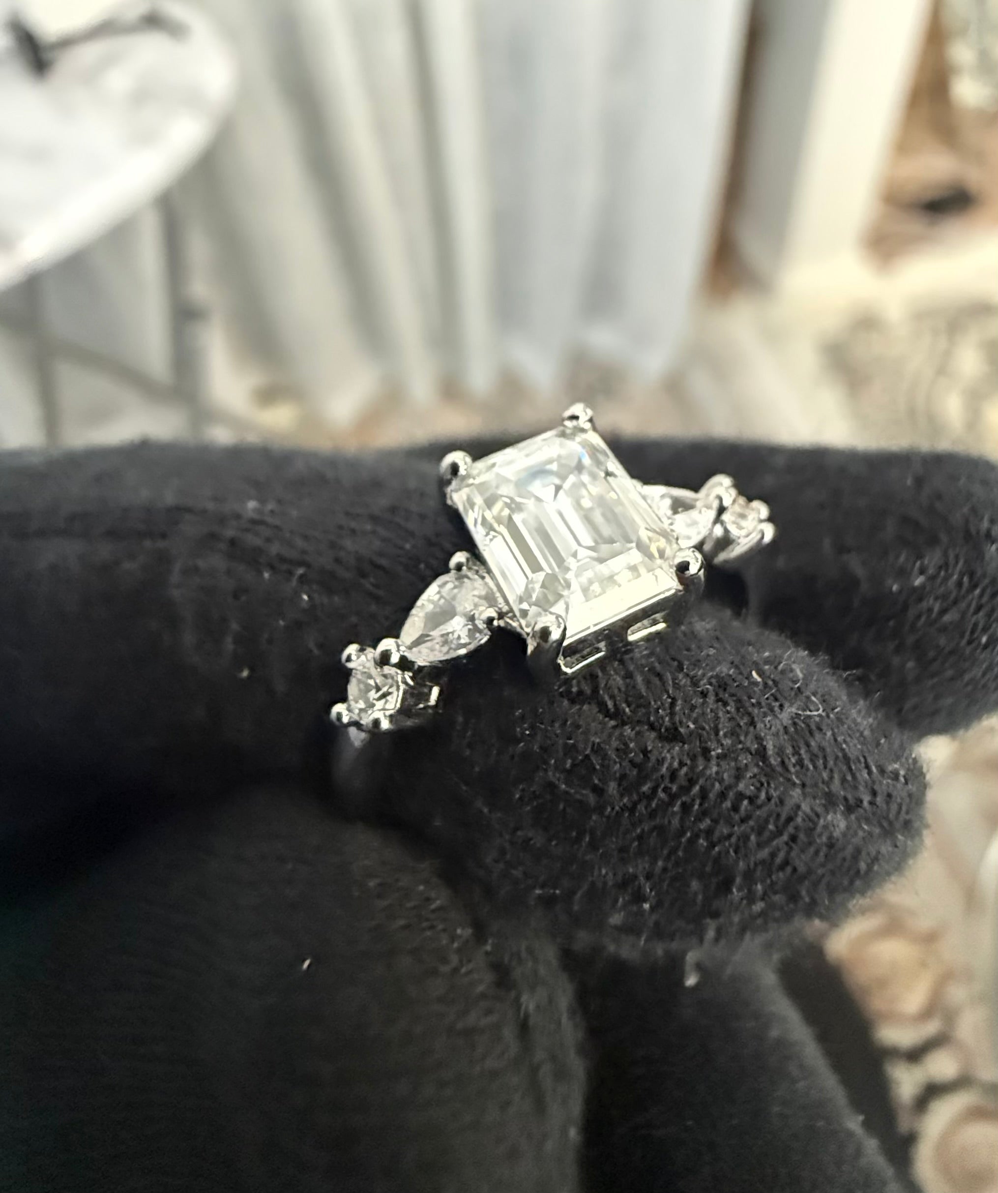 Size 9 Emerald Cut Moissanite Engagement Ring in 925 Sterling Silver | Three-Stone Promise Ring for Women. 6018