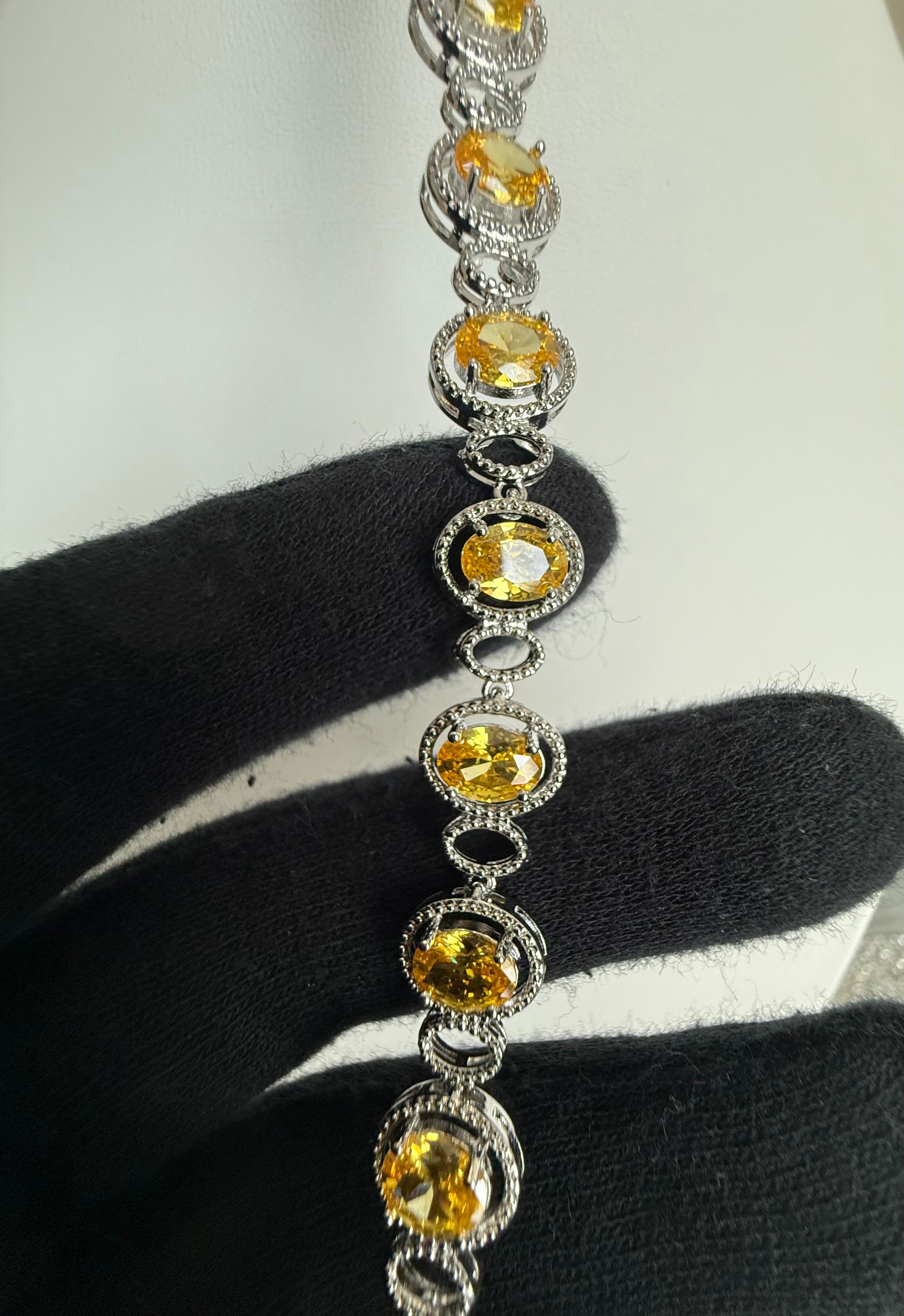 Golden Yellow Oval Crystal Halo Link Bracelet – Silver Tone Statement Bracelet 7095