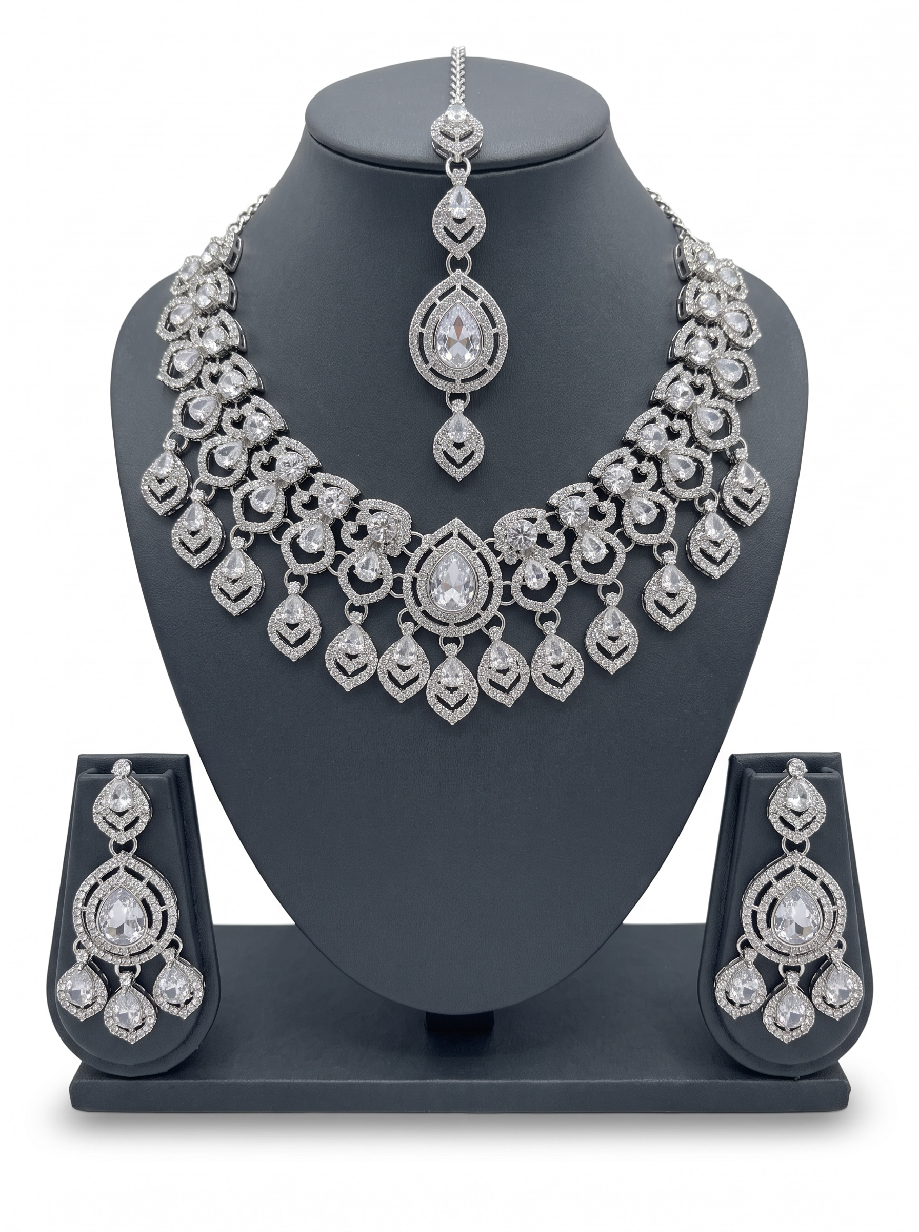 American Diamond Necklace, Earrings & Maang Tikka Jewelry Set – 7 Colors