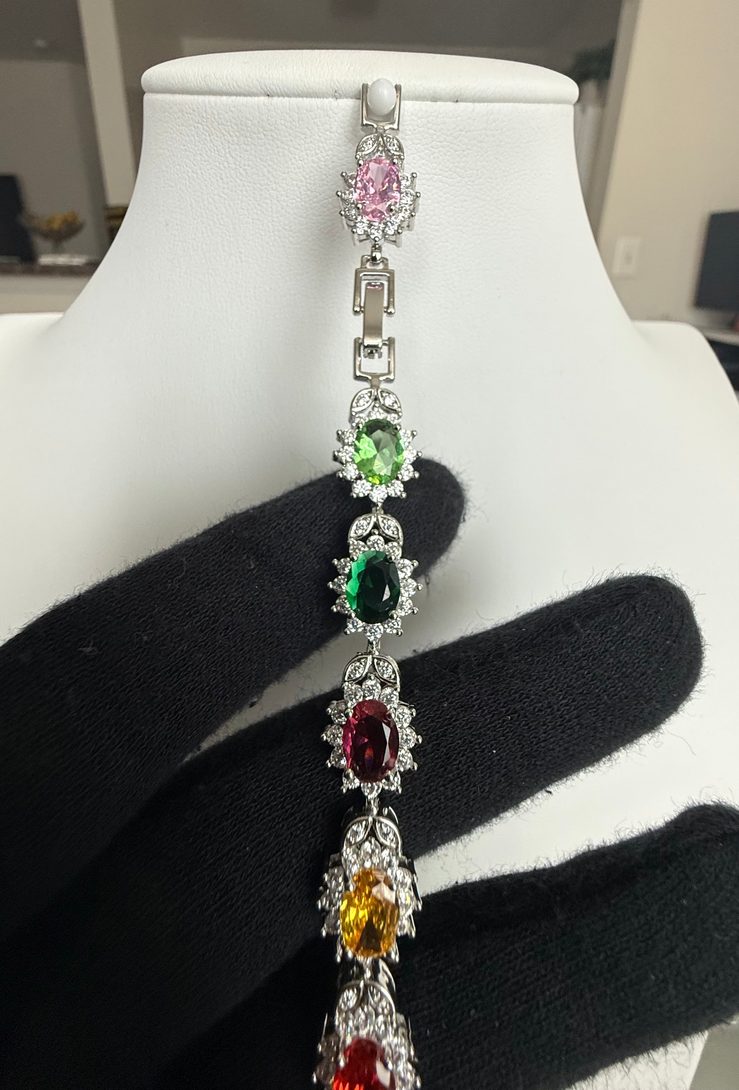 Multicolor Oval-Cut Crystal Halo Link Bracelet – Silver Tone Statement Jewelry 7140