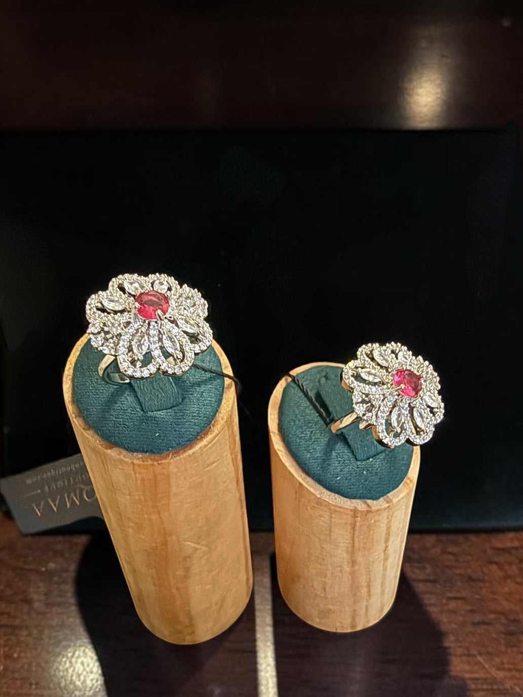 American Diamond Statement Ring – Floral Crystal Cocktail Ring, 6 Colors, Adjustable Size, Gift Box Included
