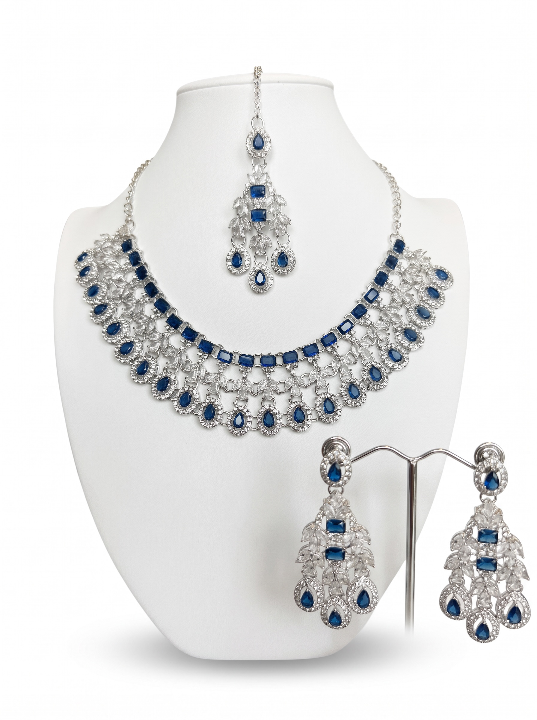 Silver-Tone AD Bridal Necklace Set with Earrings & Maang Tikka – 8 Colors