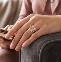 Floral Teardrop Statement Ring – Adjustable Gold-Tone Ring in Pink, Clear & Purple