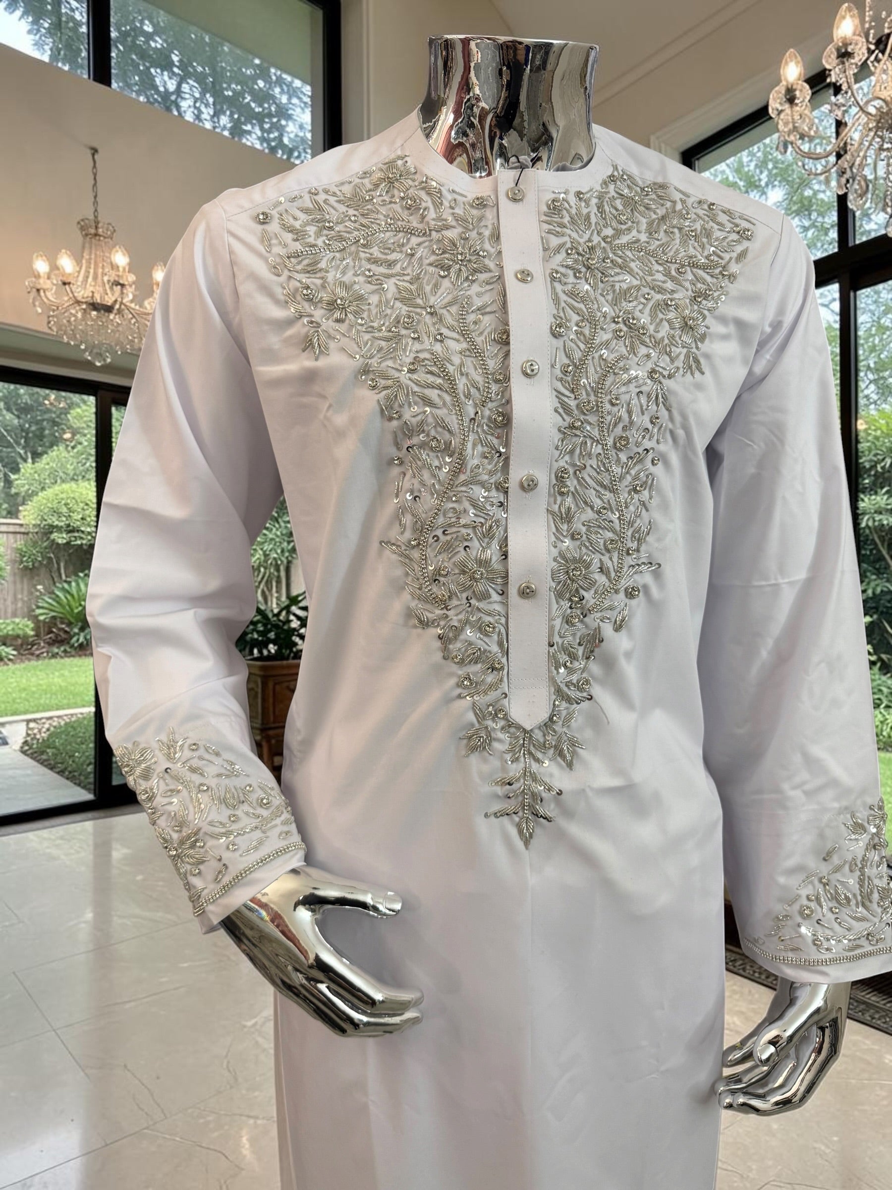 Handmade Afghan Selmadozi Embroidered Men’s Perahan Tunban – Luxury Traditional Formal Outfit – Available in Black, Ivory & White