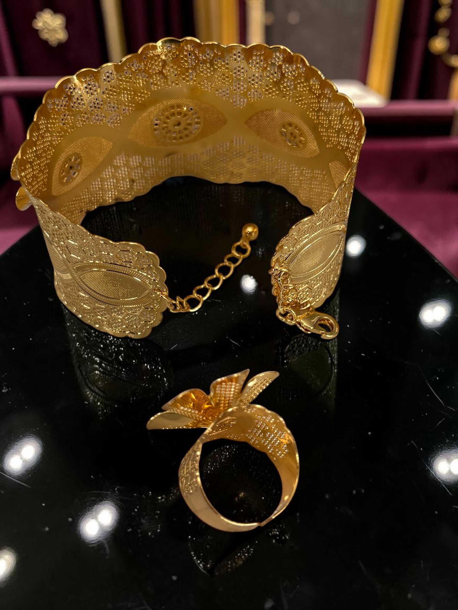 24K Gold-Plated Floral Bridal Jewelry Set – Necklace, Earrings, Bracelet & Ring 039