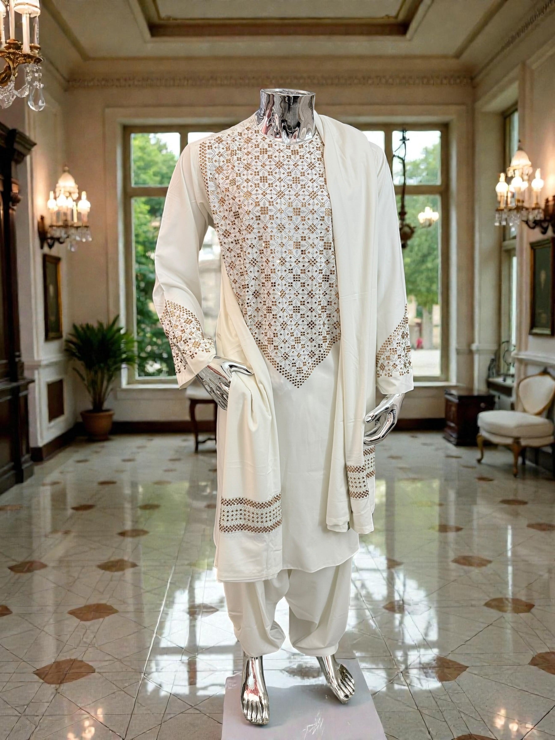 XL Off-White Afghan Kameez 3-Piece Set with Gold Shesha Work | Traditional Men’s Outfit