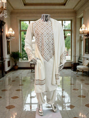 XL Off-White Afghan Kameez 3-Piece Set with Gold Shesha Work | Traditional Men’s Outfit