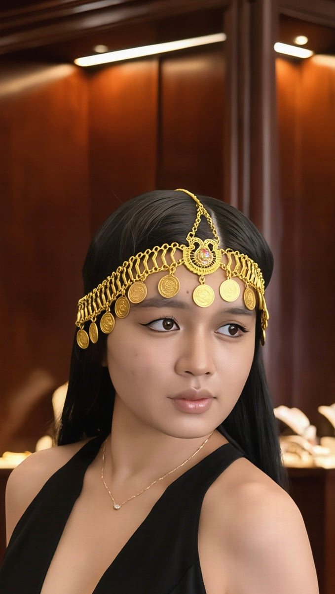 Gold-Tone Traditional Coin Headpiece for Women – Traditional Forehead Jewelry, Bridal Festival Hair Accessory 6098