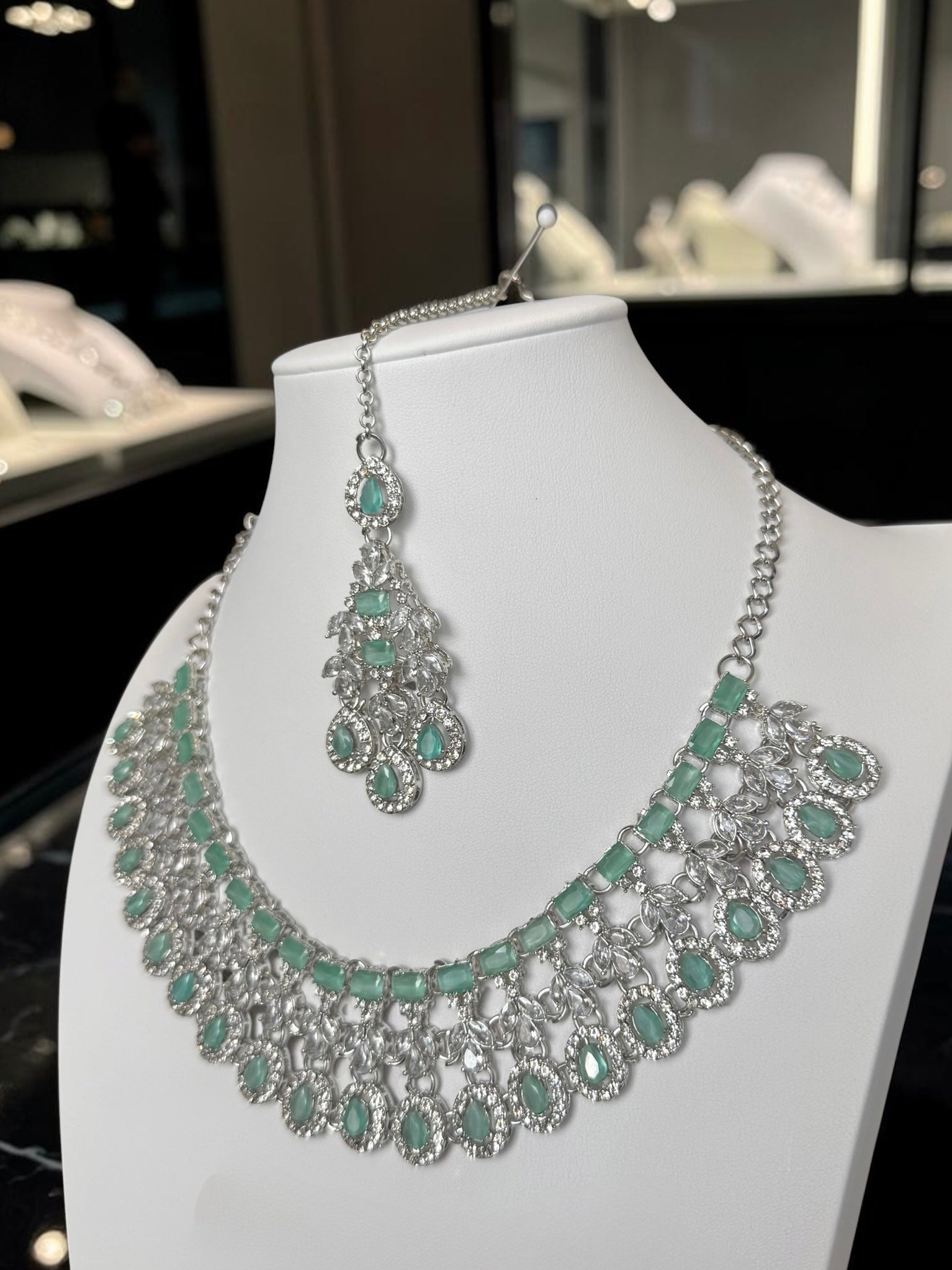 Luxury Mint Green American Diamond Bridal Jewelry Set with Maang Tikka | Premium Brass Statement Necklace & Earrings Gift Box Included 6037