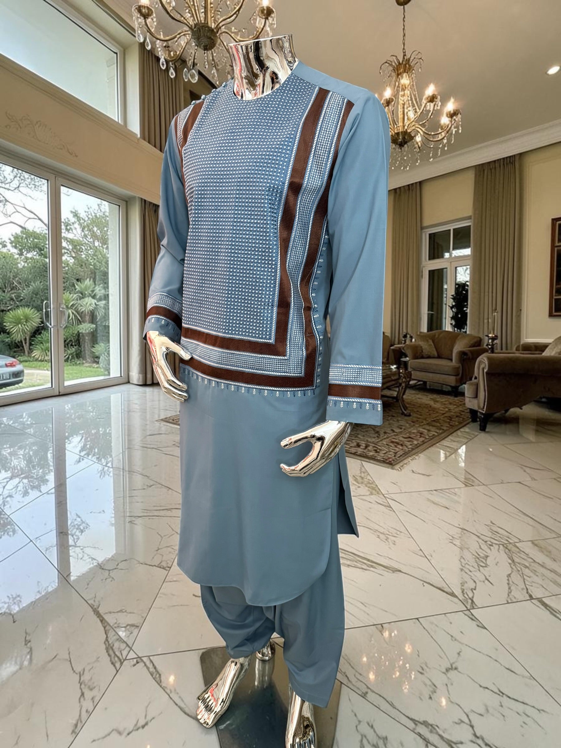 Medium Turquoise Afghan Parahan Tunban with Brown and White Premium Machine Embroidery for Boys/Men