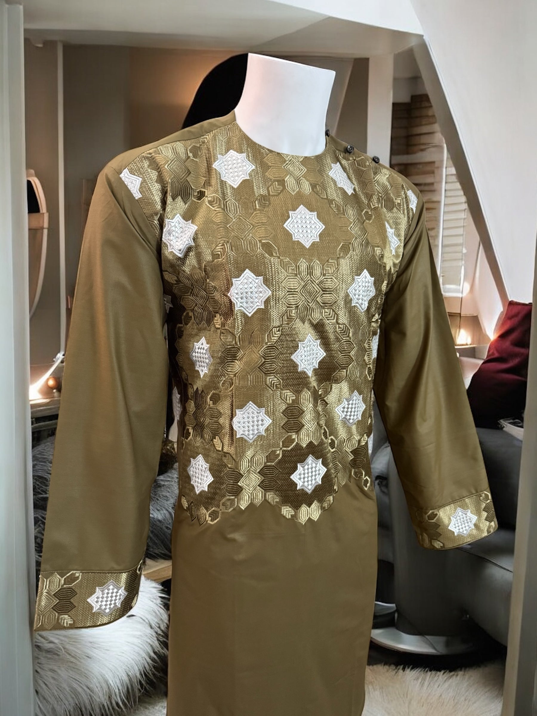 Afghan Parahan Tunban with Machine Khamakdozi Embroidery – Olive Gold – Large