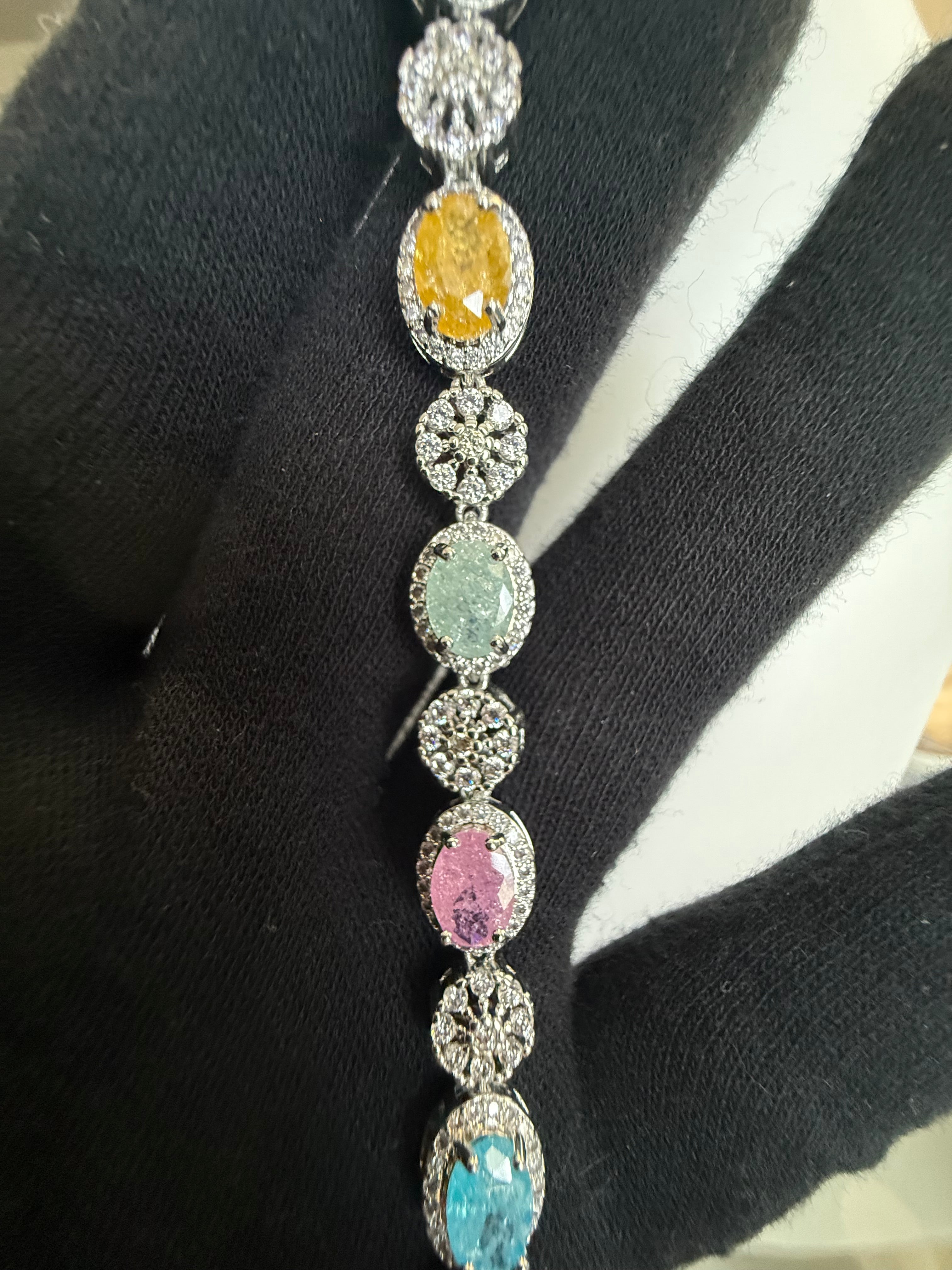 Multicolor Oval Crystal Halo Tennis Bracelet – Silver Tone Sparkling Statement Jewelry 7113