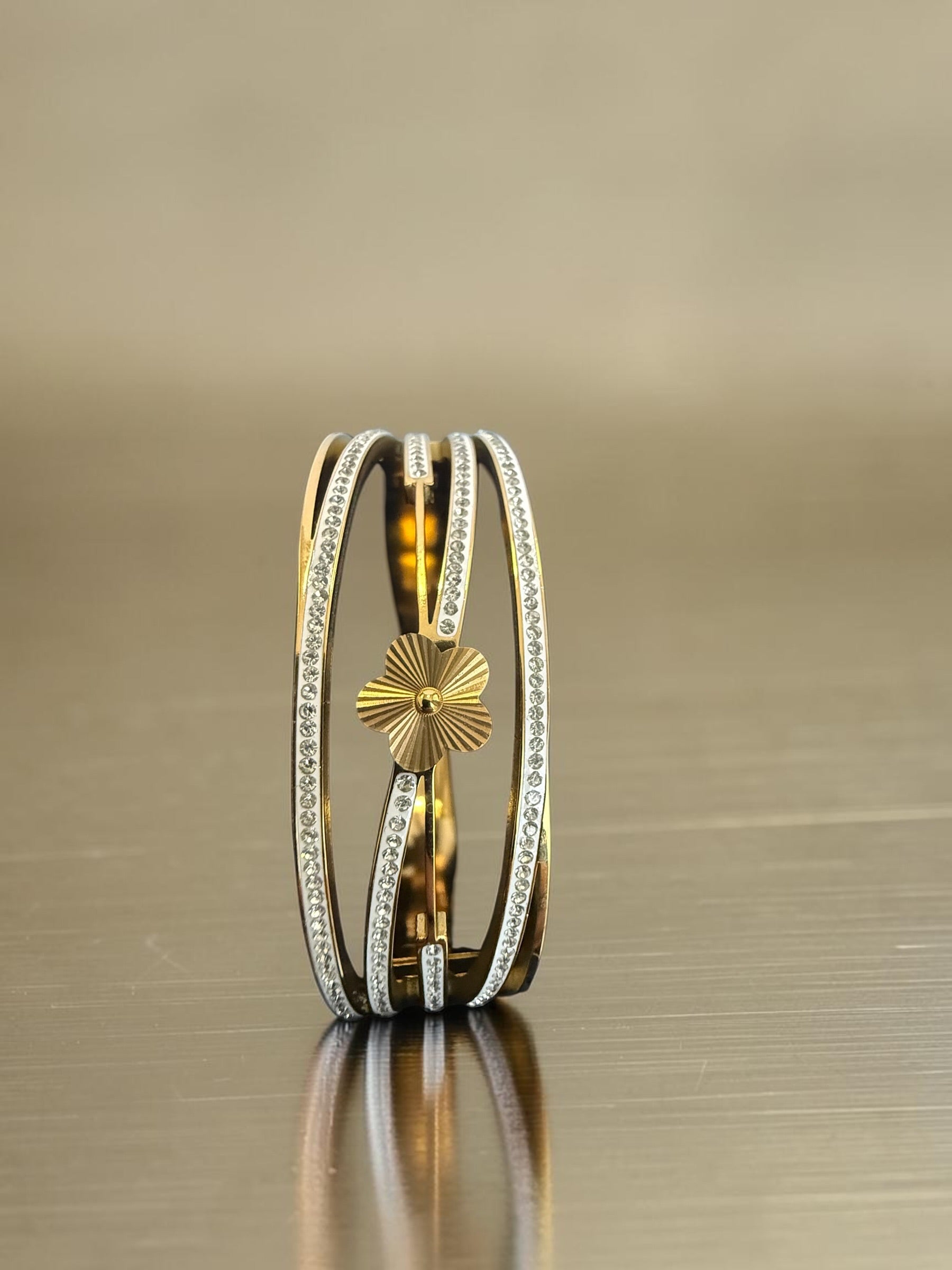 Gold-Tone Floral Crystal Hinged Bangle Bracelet for Women 8021