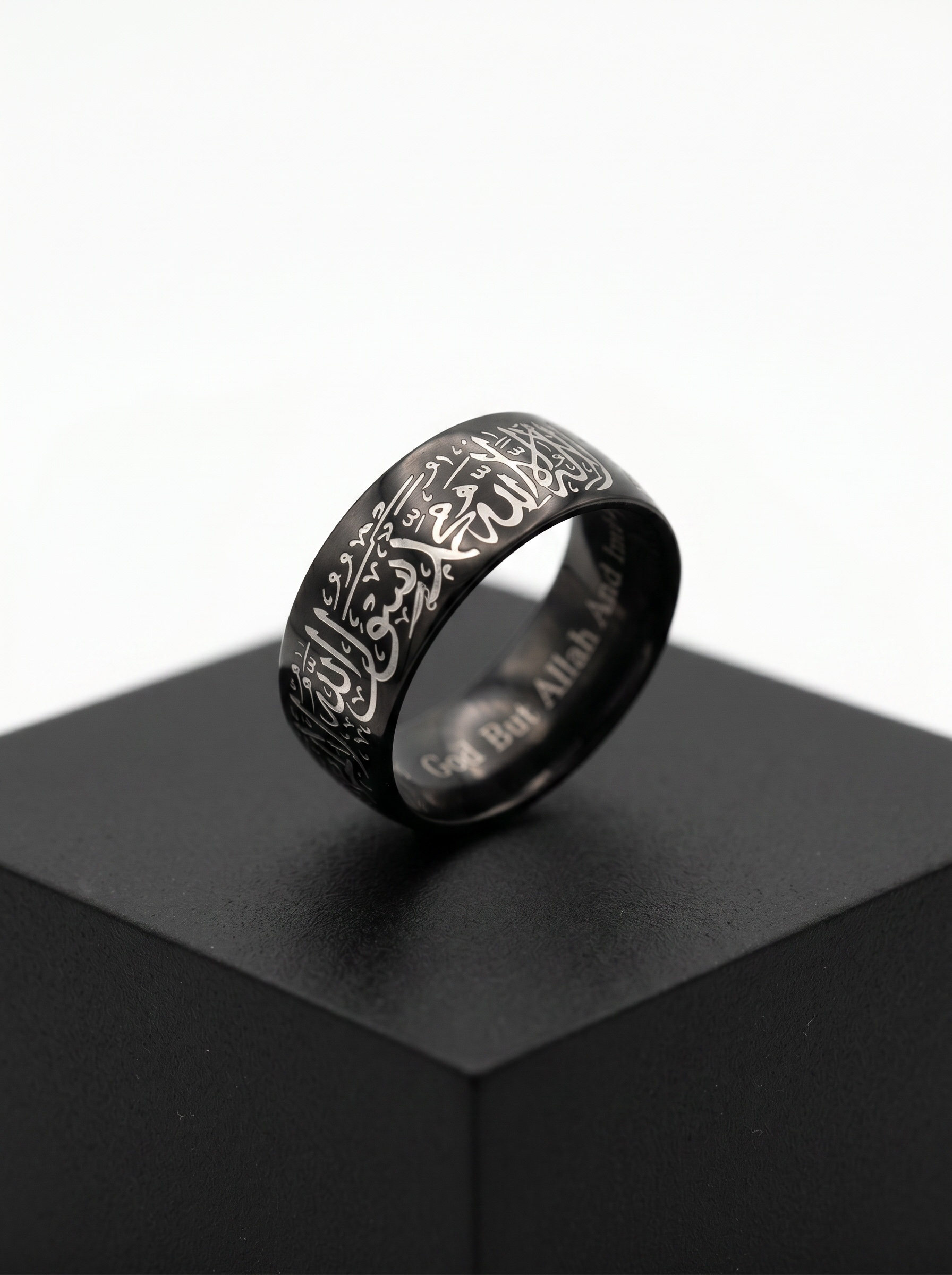 Shahada Arabic Calligraphy Ring Set – Black, Silver & Blue Stainless Steel Islamic Wedding Band | Engraved La Ilaha Illallah Muhammad Rasul Allah | Unisex Muslim Jewelry Gift
