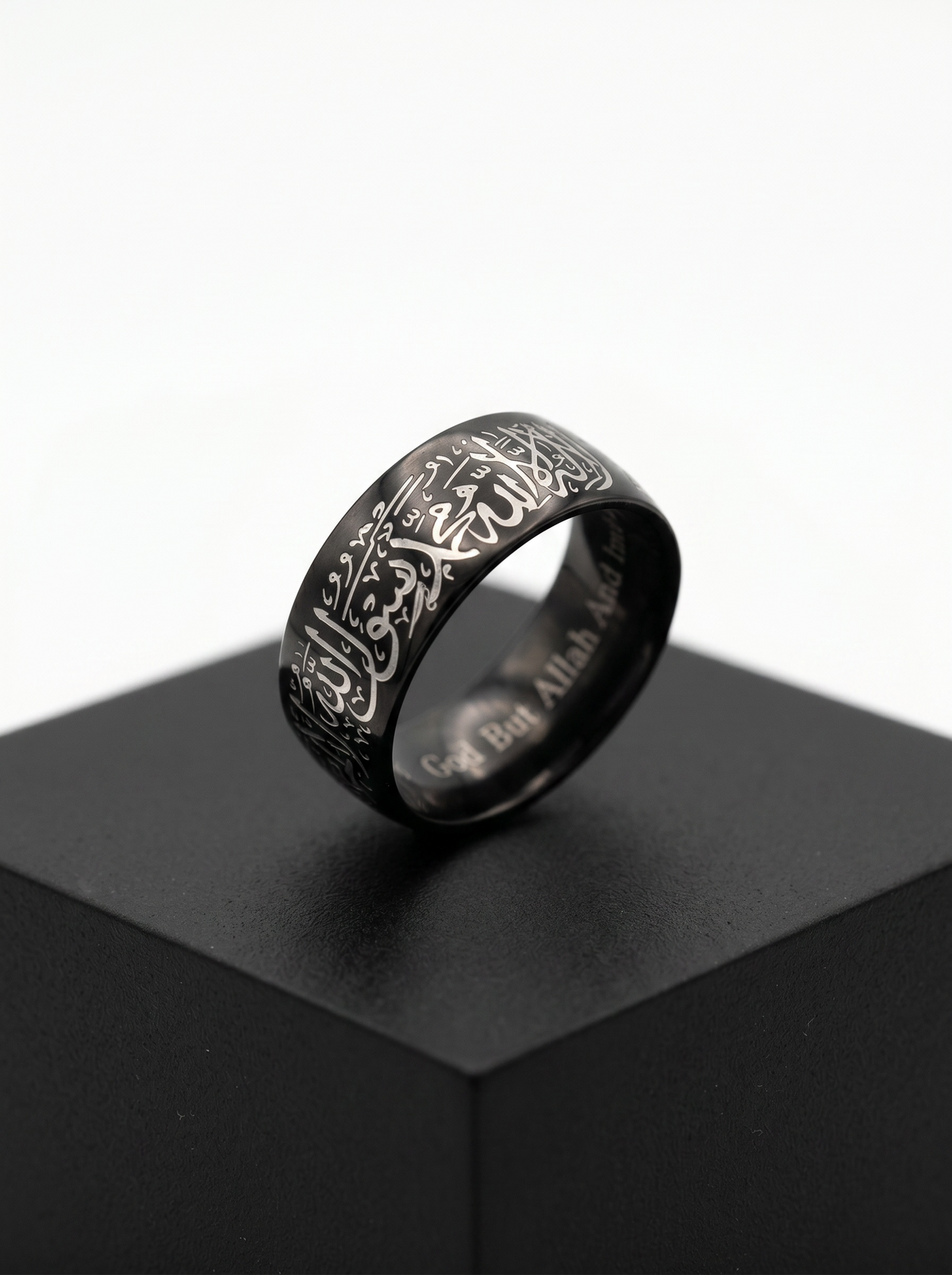 Shahada Arabic Calligraphy Ring Set – Black, Silver & Blue Stainless Steel Islamic Wedding Band | Engraved La Ilaha Illallah Muhammad Rasul Allah | Unisex Muslim Jewelry Gift
