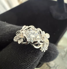 Round Cut Moissanite Floral Ring Silver Tone Nature-Inspired Statement Ring Size 9.   6019
