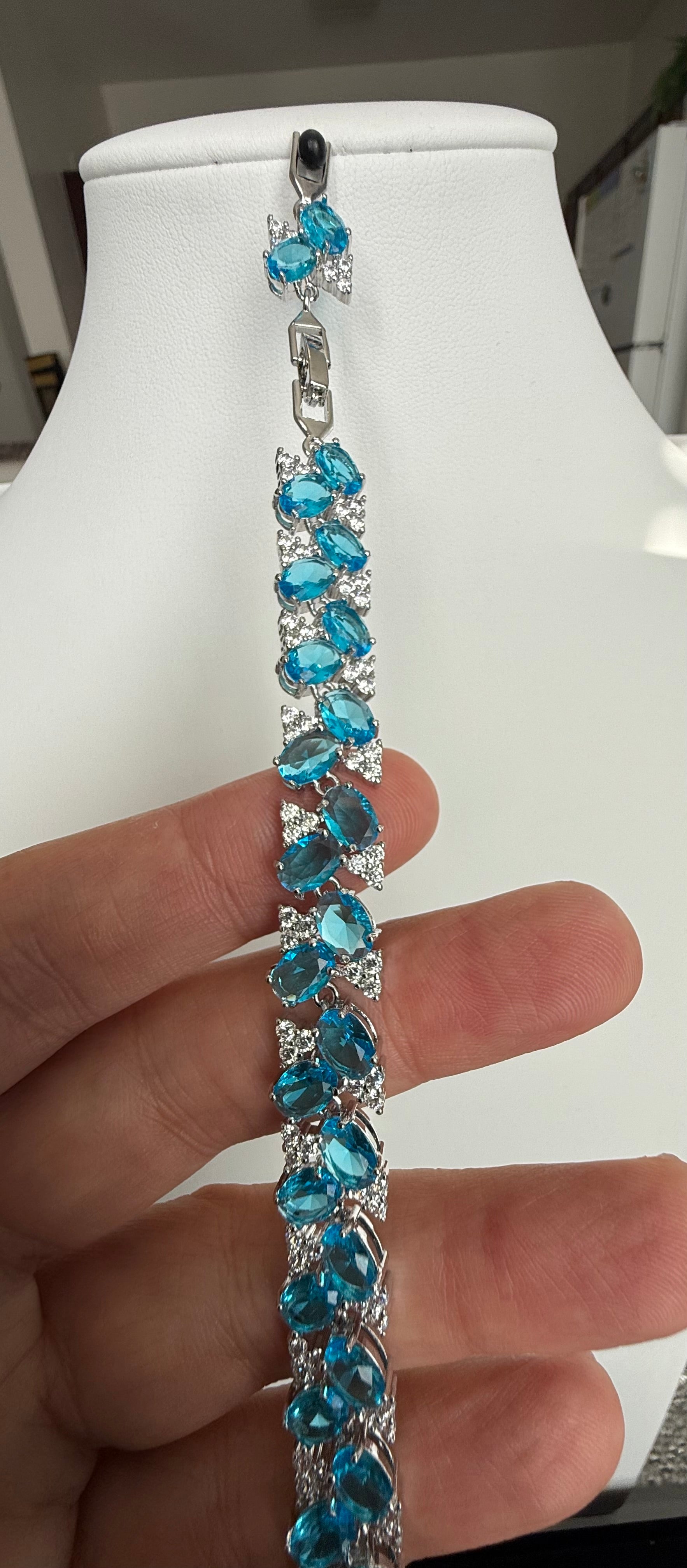 Aqua Blue Crystal Butterfly Bracelet – Silver Tone Sparkling Statement Jewelry 7082