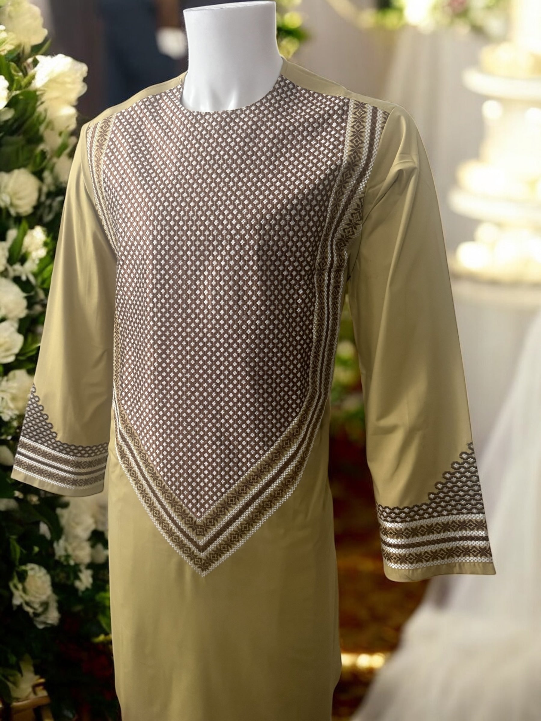 Men’s Pistachio Beige Parahan Tumban with Matching Embroidery  Medium