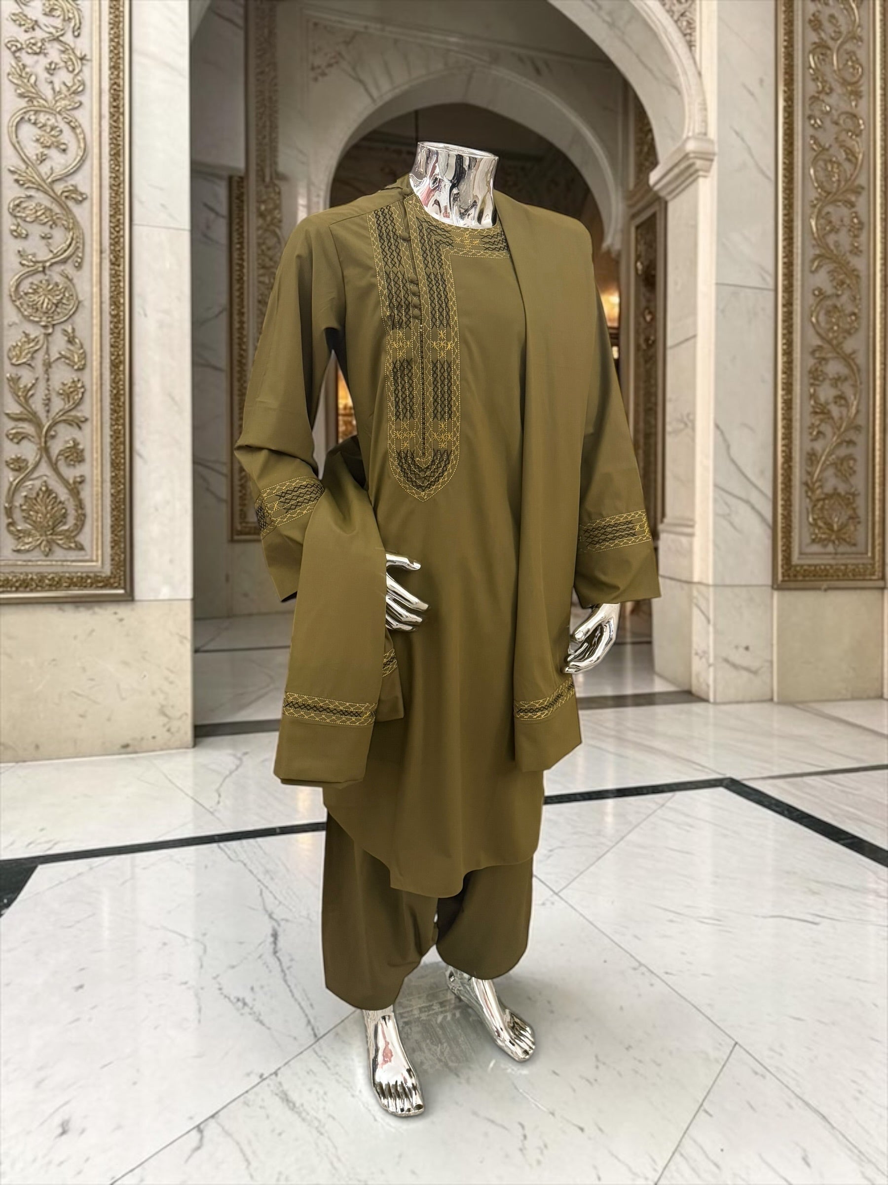 Men’s Olive Green Hand-Embroidered Afghan Parahan Tunban with Shawl – 3-Piece Set 5033