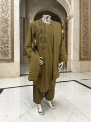 Men’s Olive Green Hand-Embroidered Afghan Parahan Tunban with Shawl – 3-Piece Set 5033