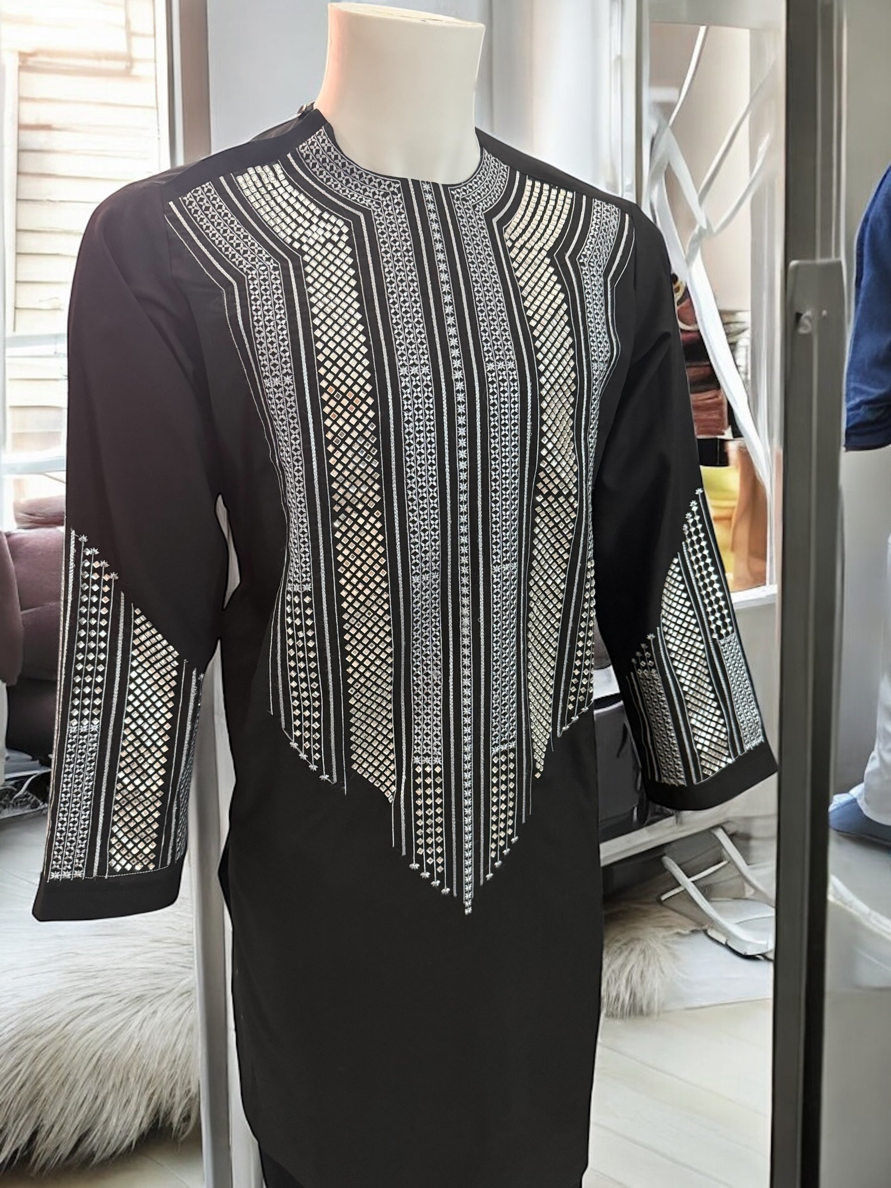 Afghan Parahan Tunban Kameese Shalwar Black Silver Shesha Embroidered Small