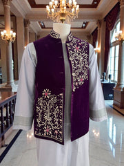 Medium Purple Velvet Men’s Waistcoat – Hand-Embroidered Zari, Dabka & Stonework Medium
