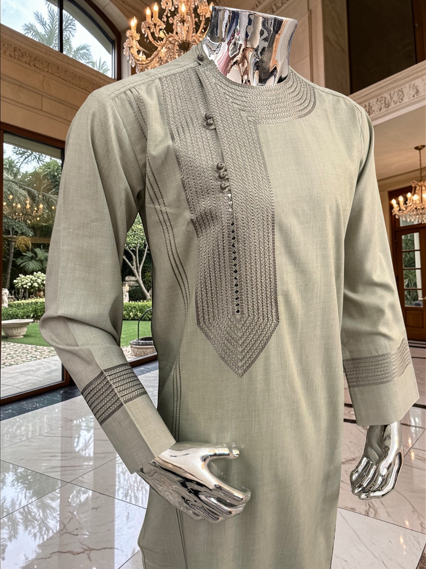 Afghan Parahan Tunban with Machine Embroidery – Olive Sage – XS