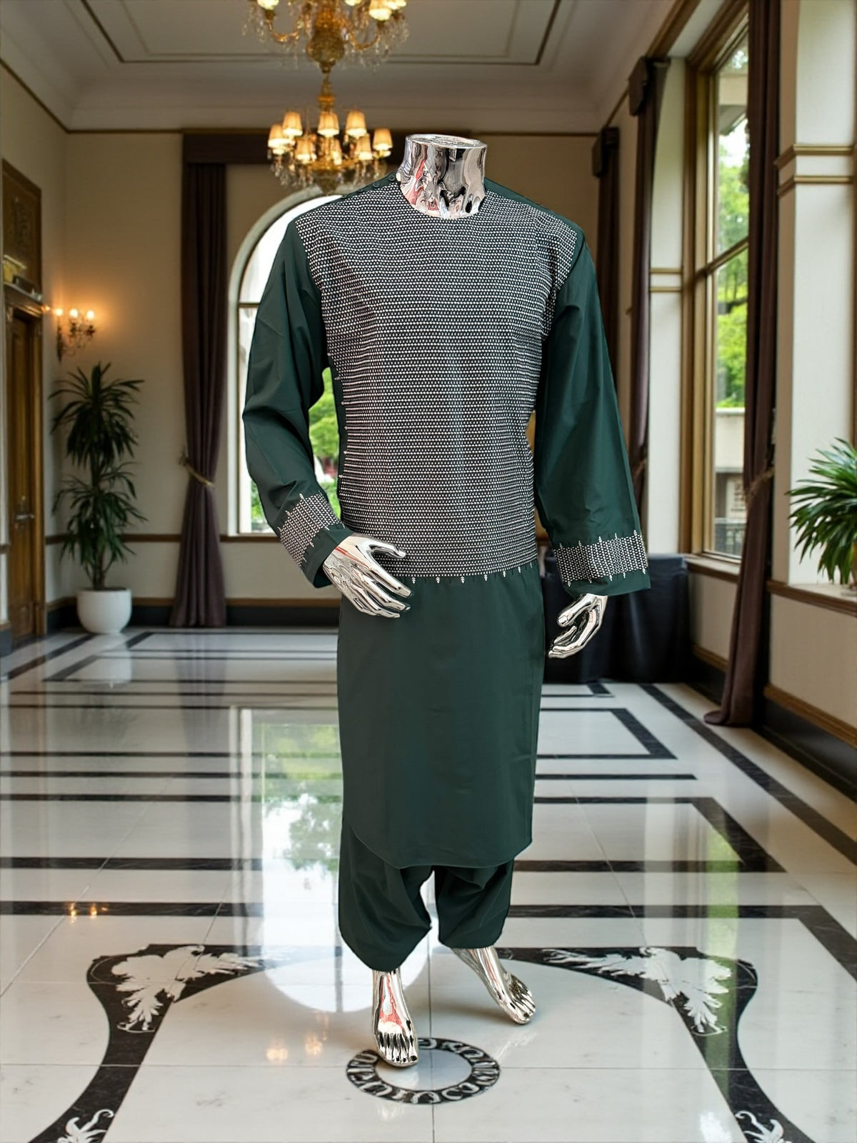 XL Emerald Green Afghan Parahan Tumban | Traditional Cotton-Blend Men’s Outfit | Luqmaan Boutique