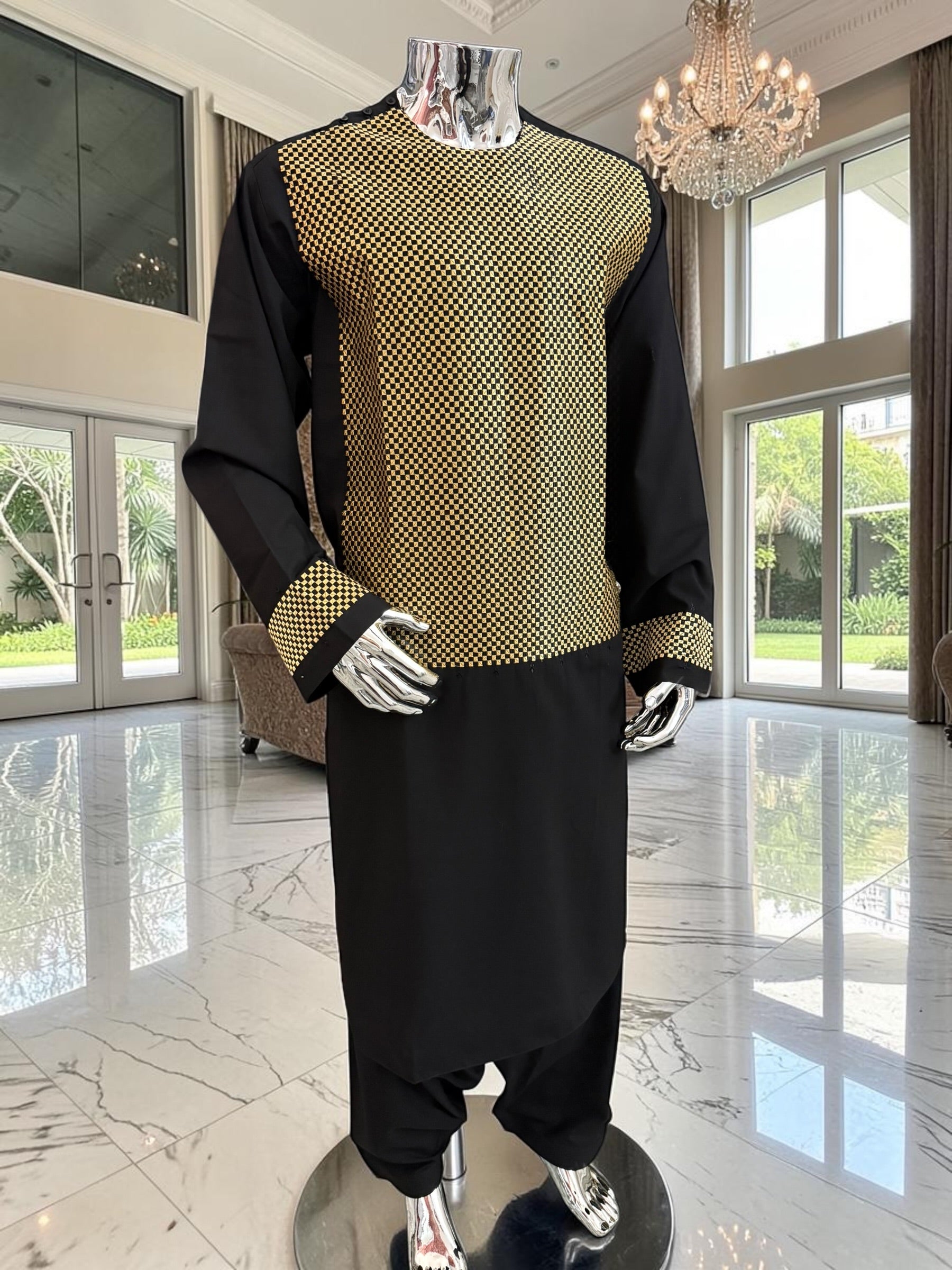 X-Large Afghan Parahan Tunban Kameese Shalwar Black Gold Machine Embroidery