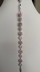 Pink Floral Crystal Link Bracelet – Silver-Tone Flower & Halo Statement Bracelet for Women 7123