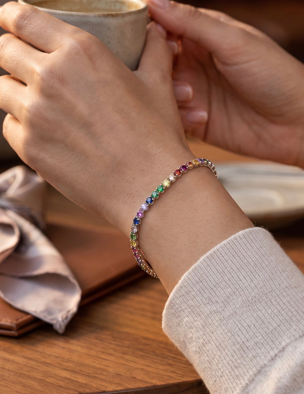 Multicolor Rainbow Crystal Tennis Bracelet for Women – Silver Tone with Jewelry Gift Box 7073