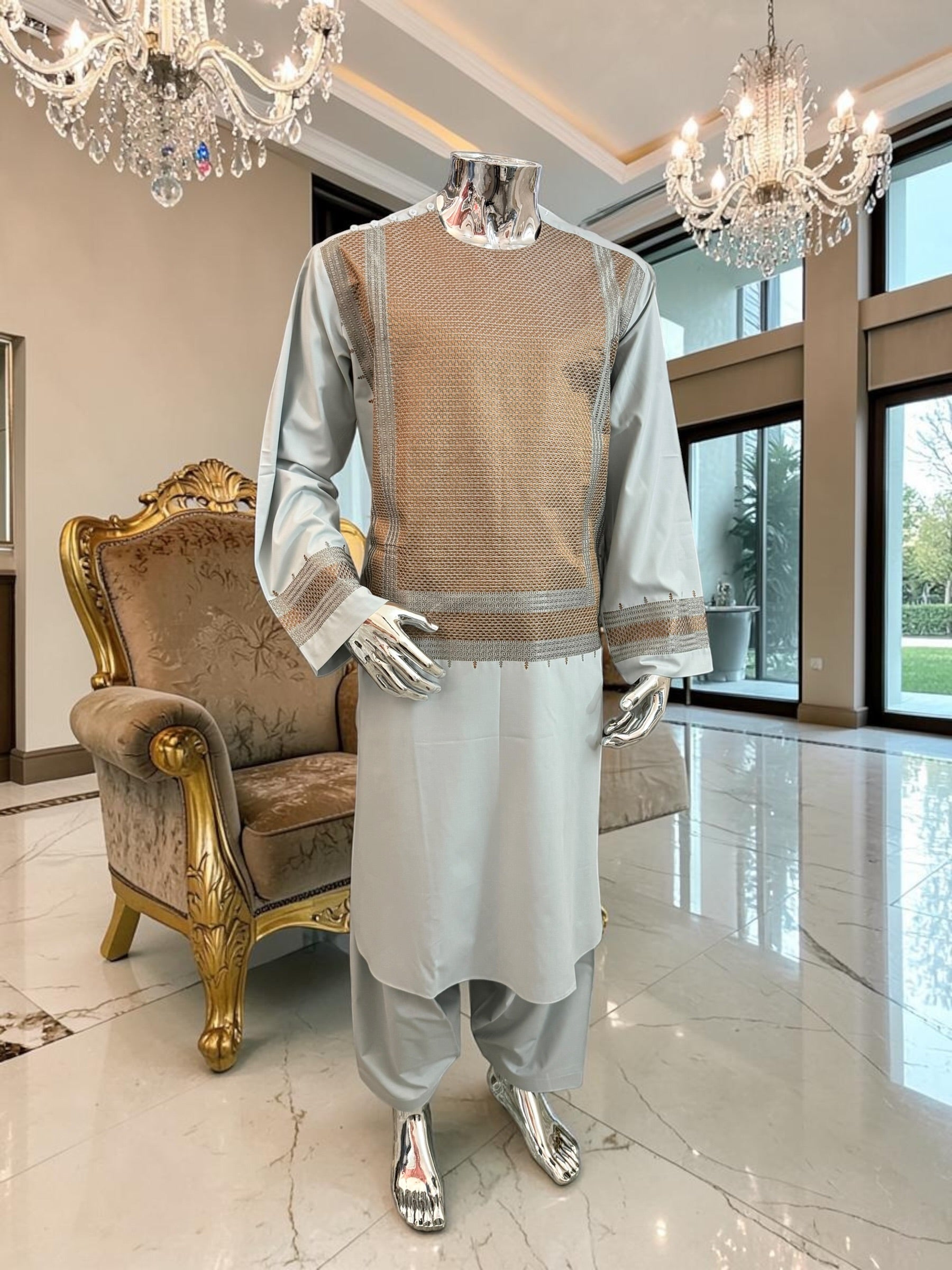 X-Large Blue-Gray Afghan Shalwar Kameez with Bronze Embroidery Yakhandozi | Luxury Men’s Traditional Wear