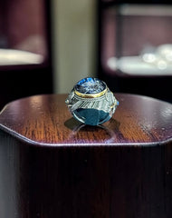 Men’s Blue Arabic Calligraphy Statement Ring – Antique Silver Tone Alloy Islamic Inspired Fashion Ring with Jewelry Box 7018