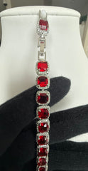 Ruby Red Cushion-Cut Crystal Halo Link Bracelet – Silver Tone Statement Jewelry 7134