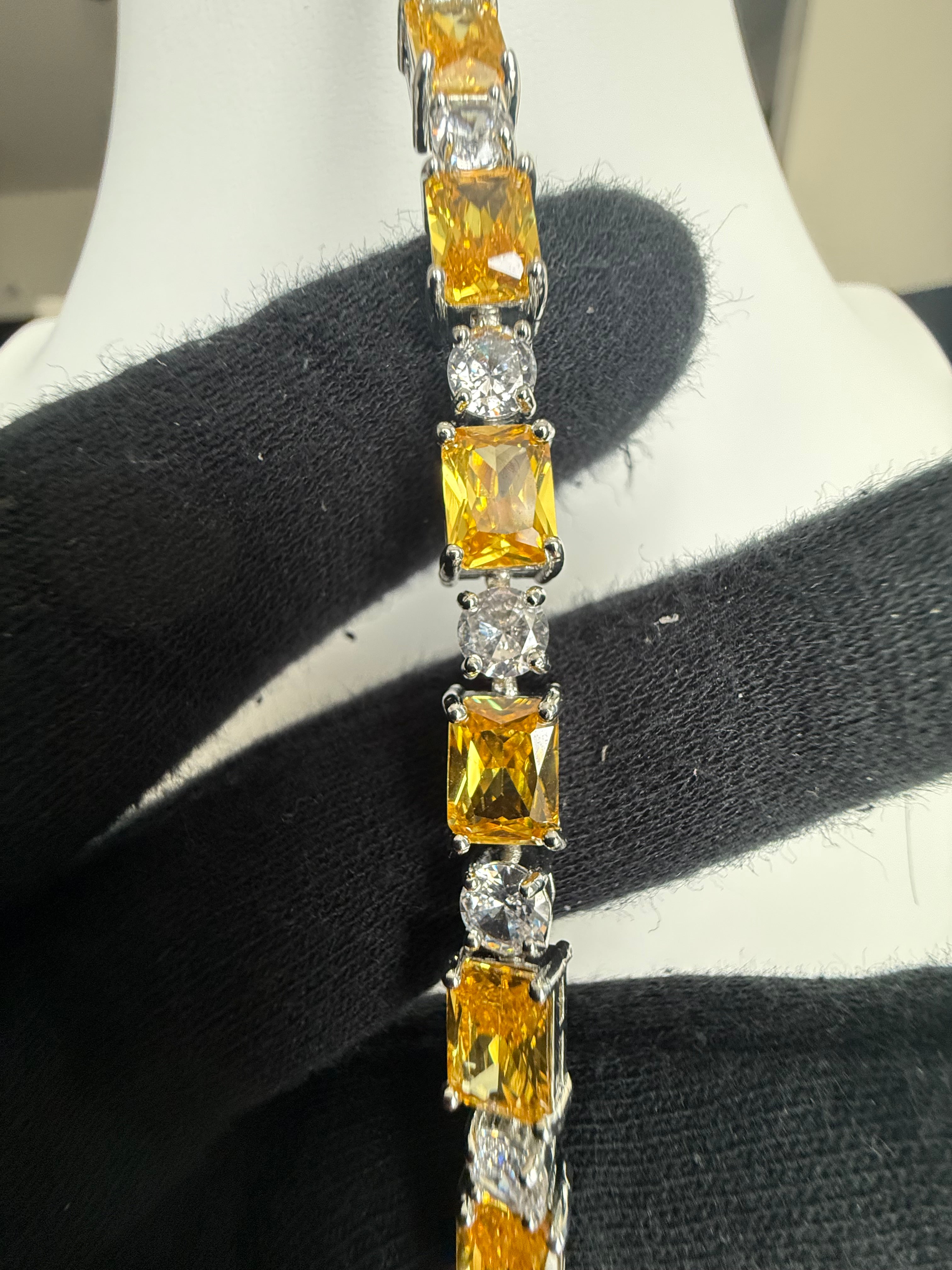 Yellow Emerald-Cut Crystal Tennis Bracelet – Silver Tone Statement Bracelet 7143
