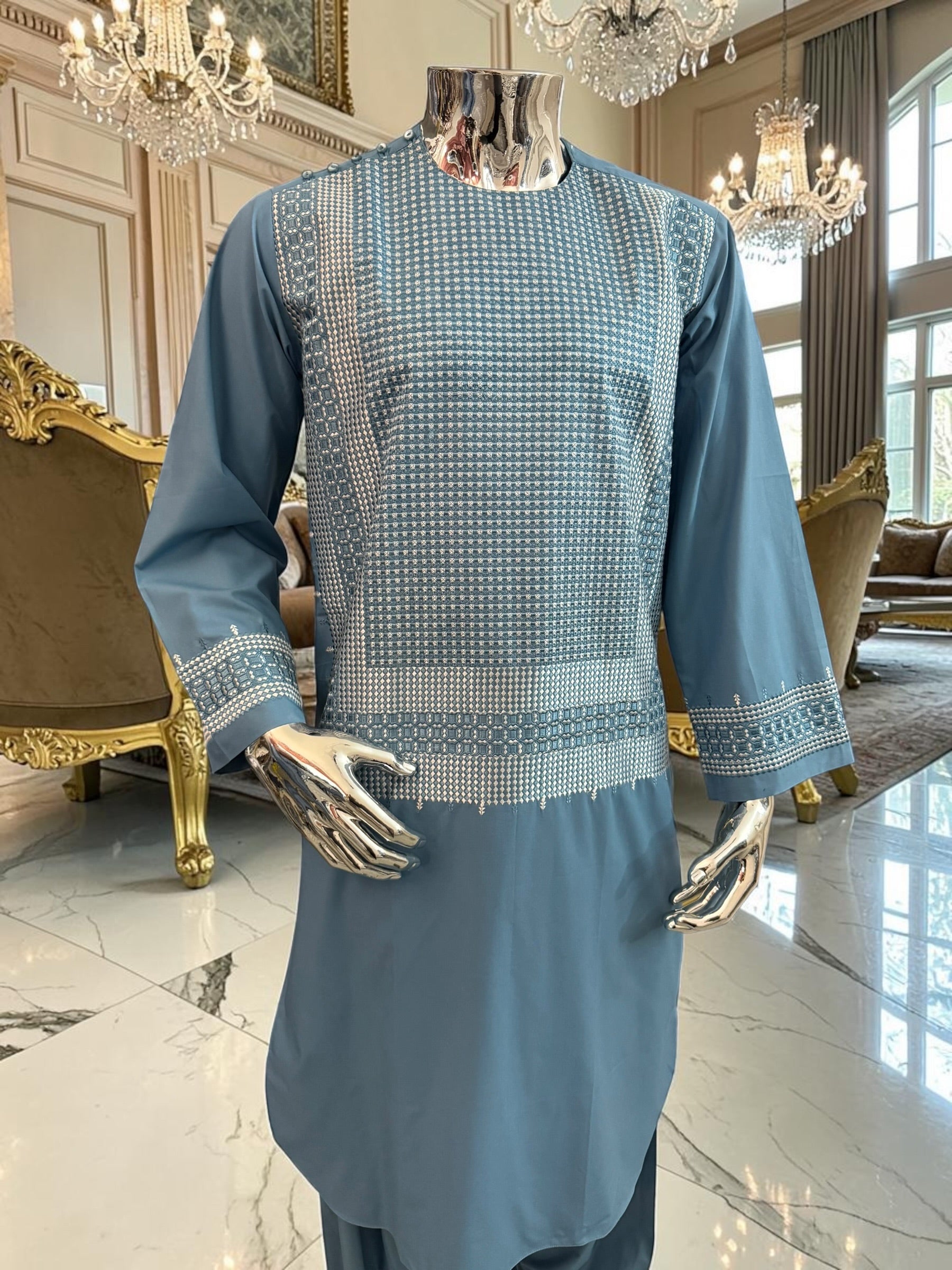 Medium Steel Blue Embroidered Men’s Parahan Tunban Yakhandozi – Premium Traditional Suit
