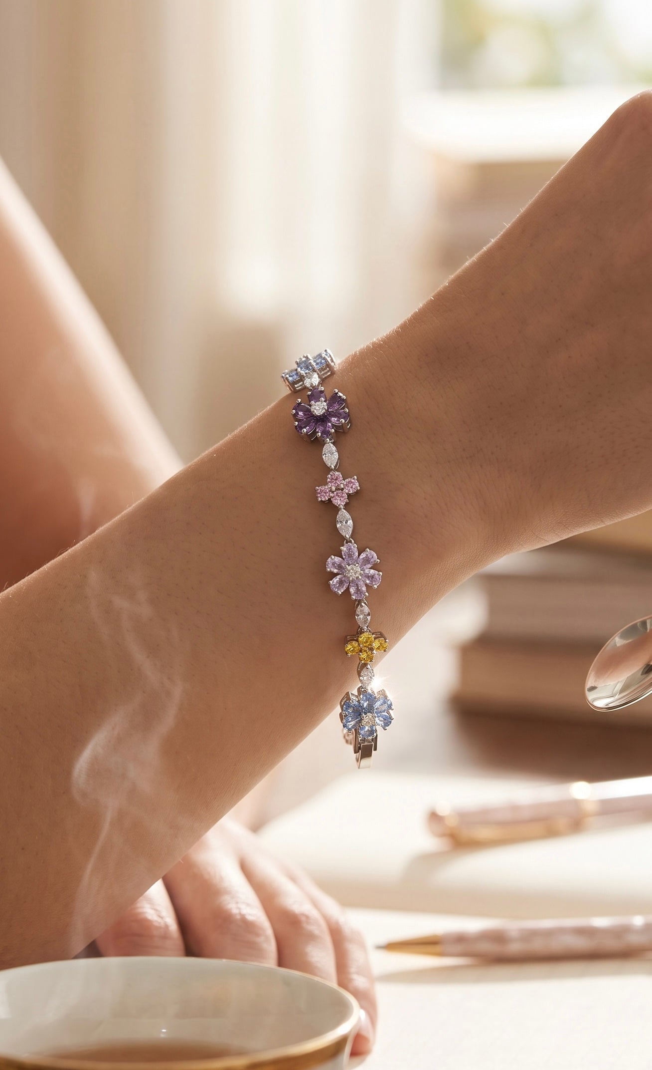 Multicolor Floral Crystal Bracelet – Silver Tone Flower & Butterfly Statement Jewelry 7087