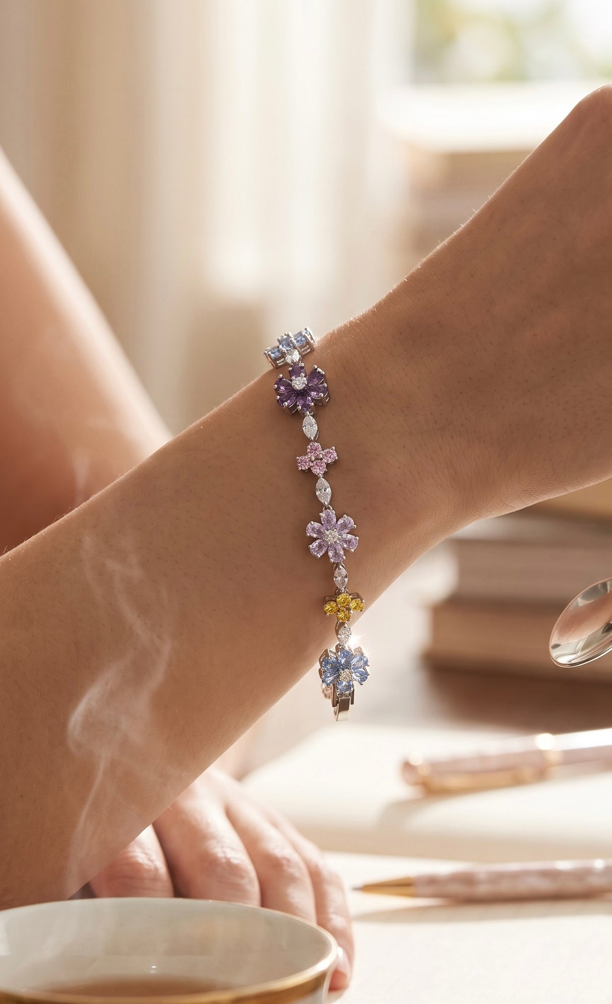 Multicolor Floral Crystal Bracelet – Silver Tone Flower & Butterfly Statement Jewelry 7087