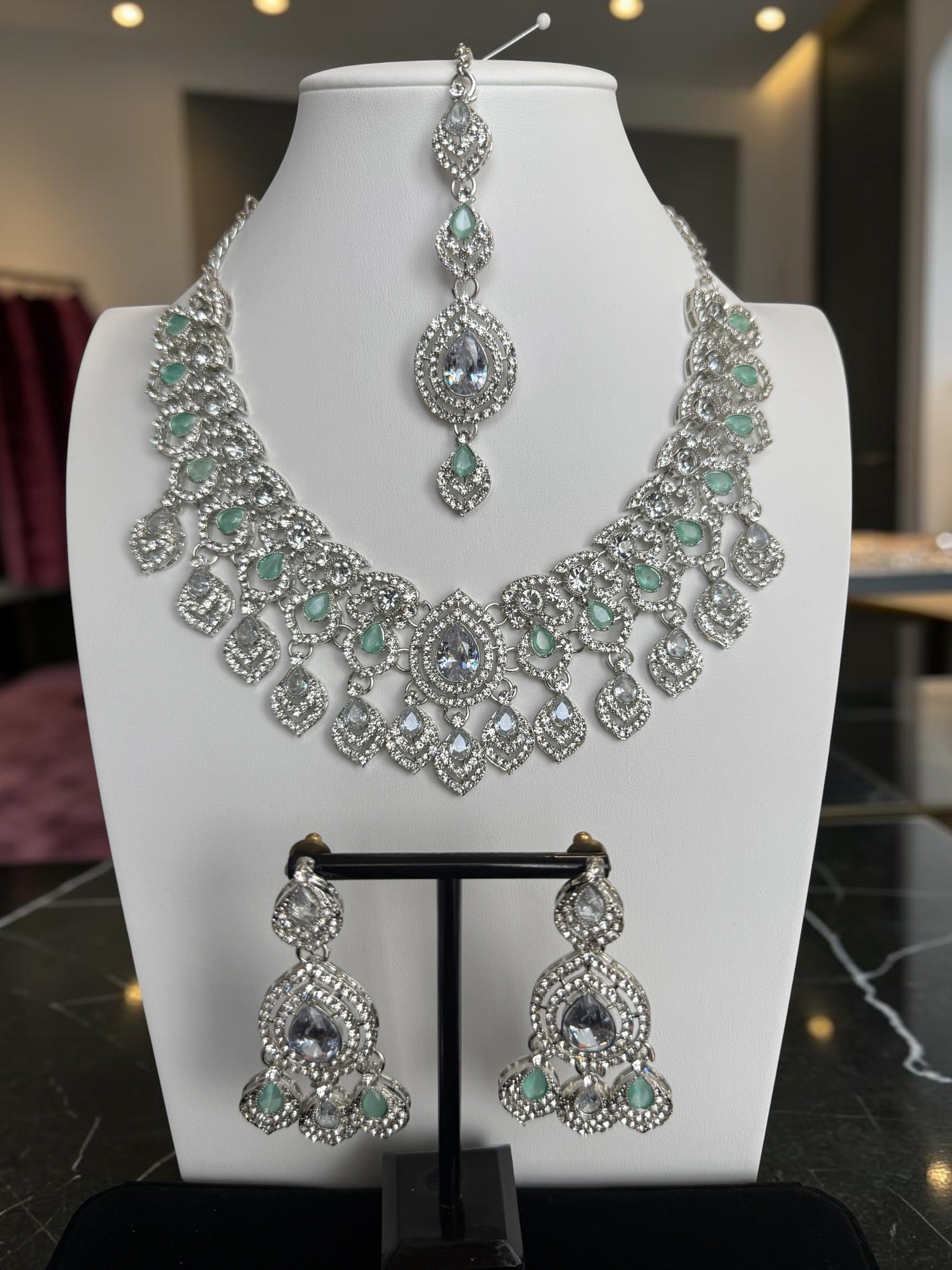 American Diamond Necklace, Earrings & Maang Tikka Jewelry Set – 7 Colors