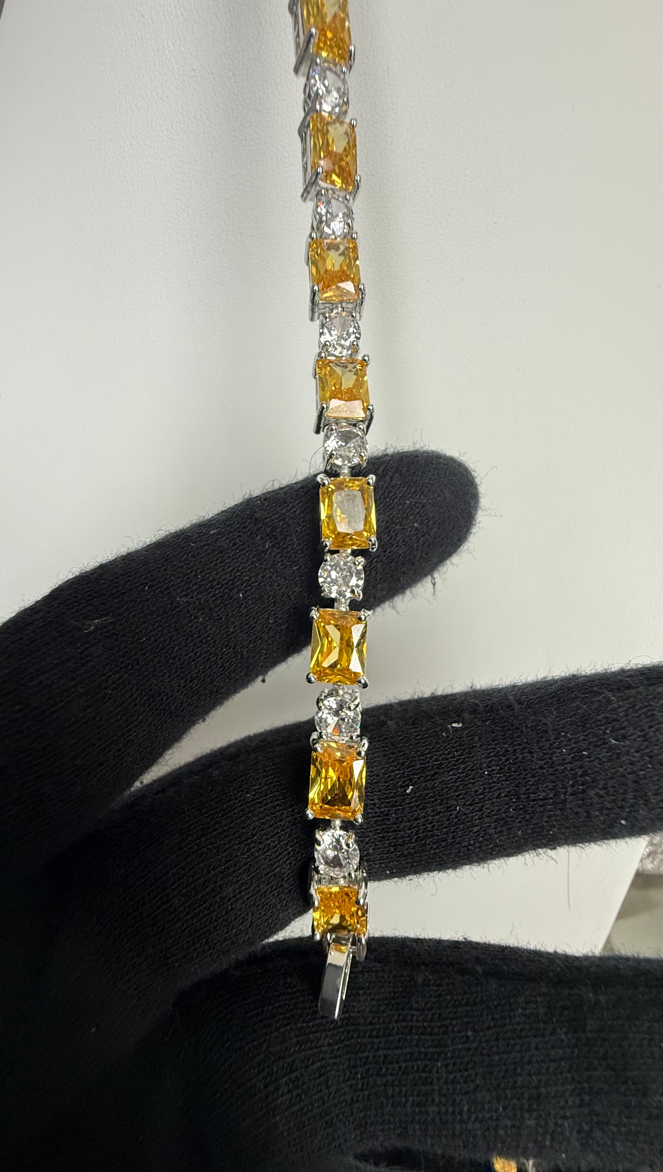 Yellow Emerald-Cut Crystal Tennis Bracelet – Silver Tone Statement Bracelet 7143