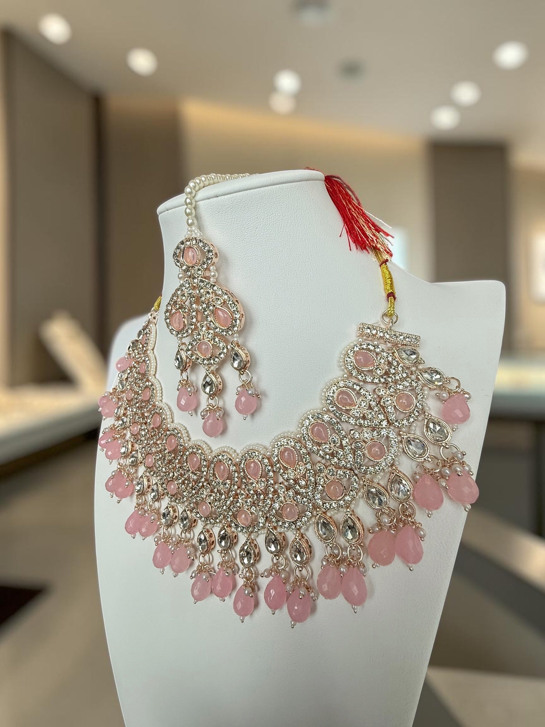 Blush Pink Kundan Bridal Jewelry Set with Earrings & Maang Tikka | Rose Gold Indian Pakistani Afghan Wedding Necklace | Jewelry Gift Box Included 6049