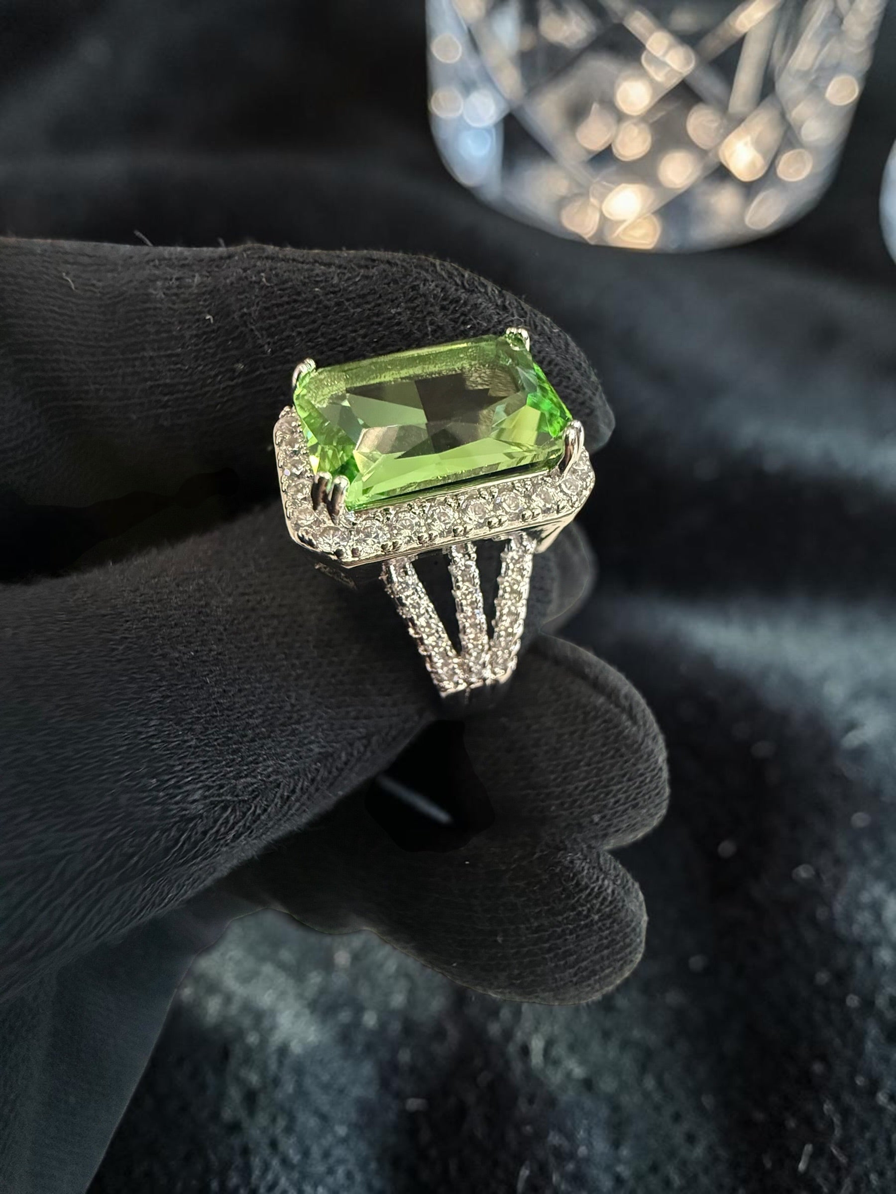 Green Crystal Statement Ring for Women – Silver Plated Halo Cocktail Ring with Split Band GR13