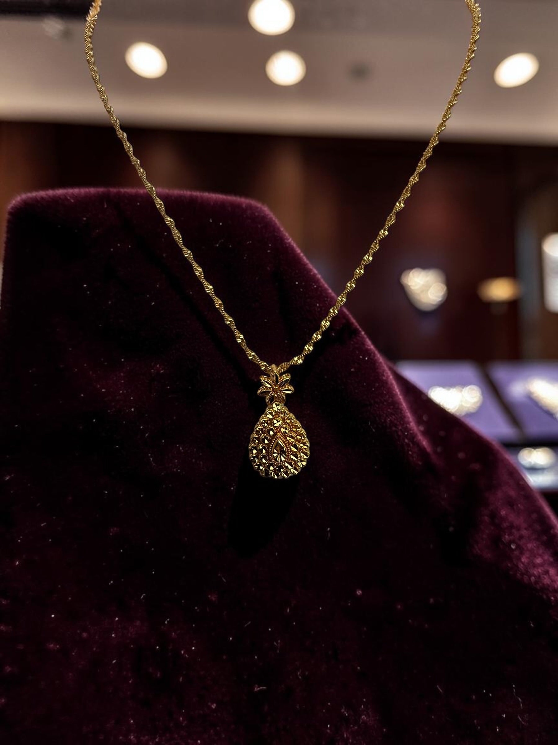 Gold Plated Brass Teardrop Pendant Necklace & Dangle Earrings Set for Women | Lightweight Traditional Jewelry 6090