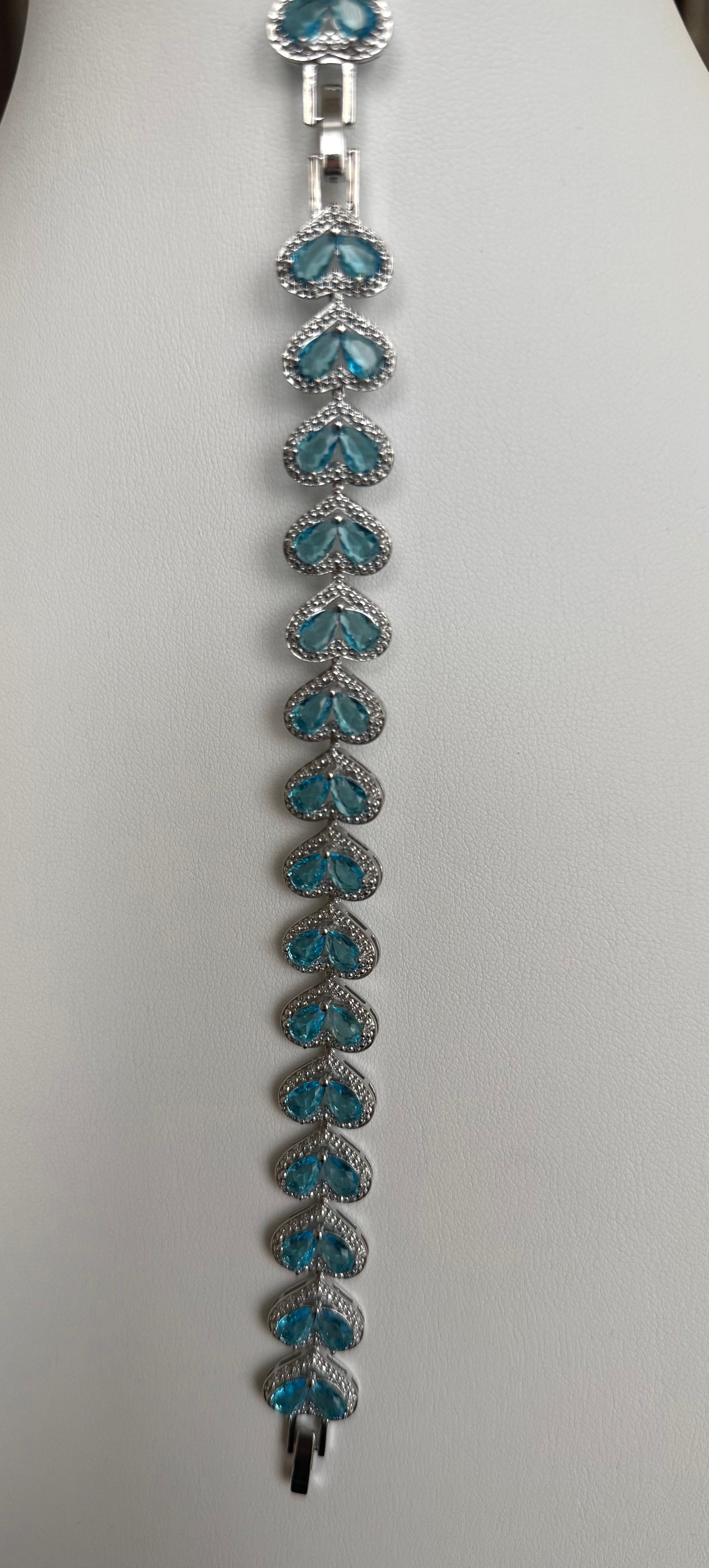 Aqua Blue Crystal Heart Bracelet – Silver Tone Sparkling Heart Link Bracelet, Gift Ready 7079