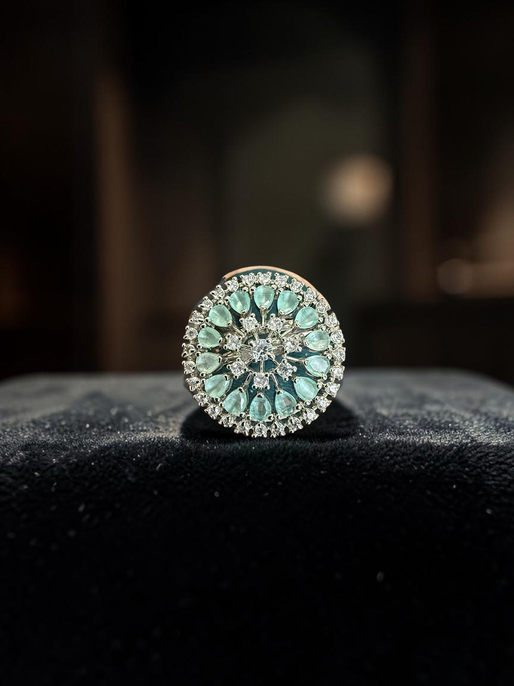 American Diamond Round Statement Ring – Adjustable Teardrop Crystal Cocktail Ring, 3 Colors, Gift Box Included