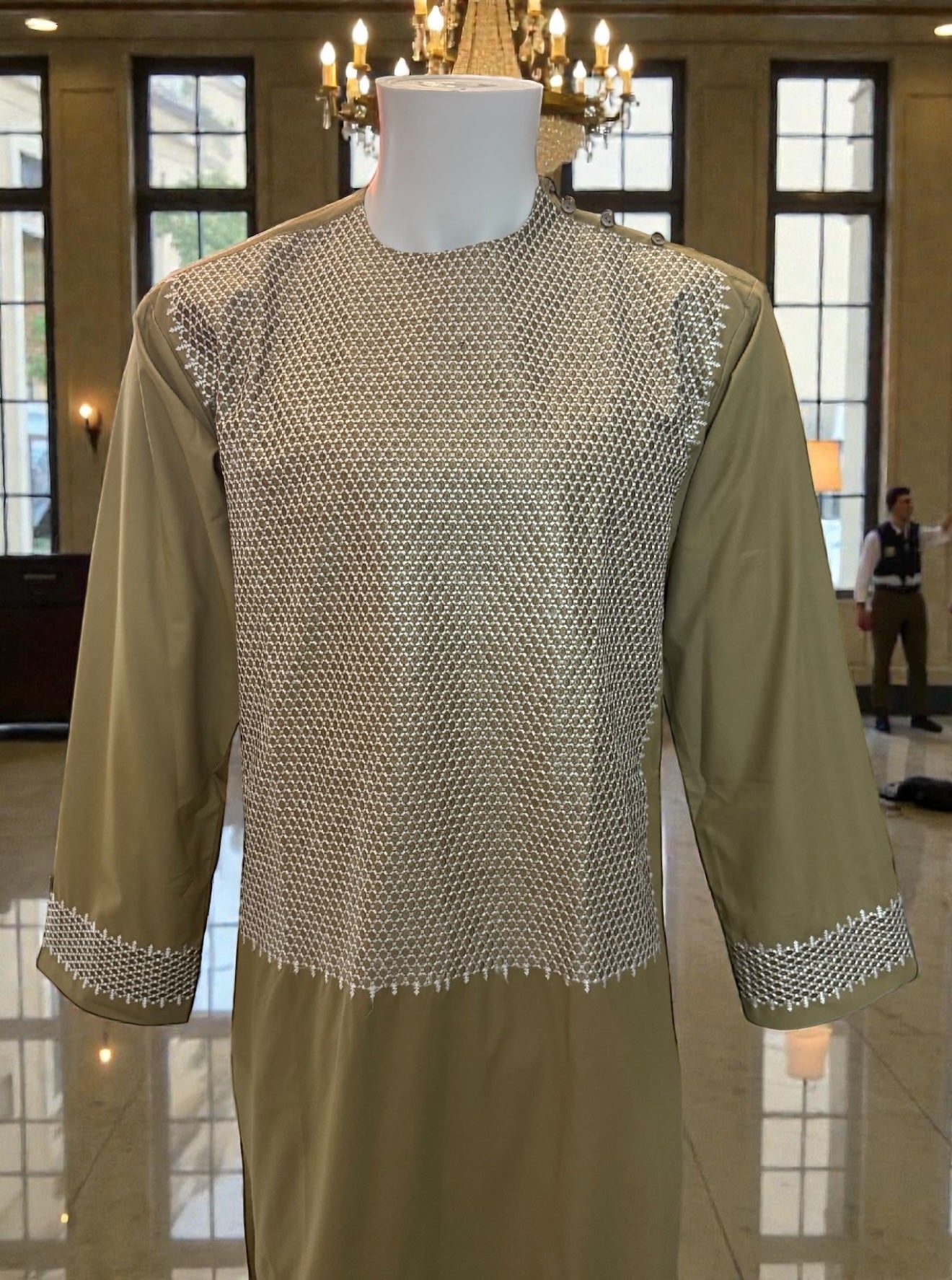 Medium Khaki Green Afghan Parahan Tunban for Men with Machine Embroidery