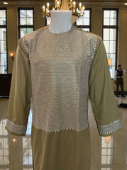 Medium Khaki Green Afghan Parahan Tunban for Men with Machine Embroidery