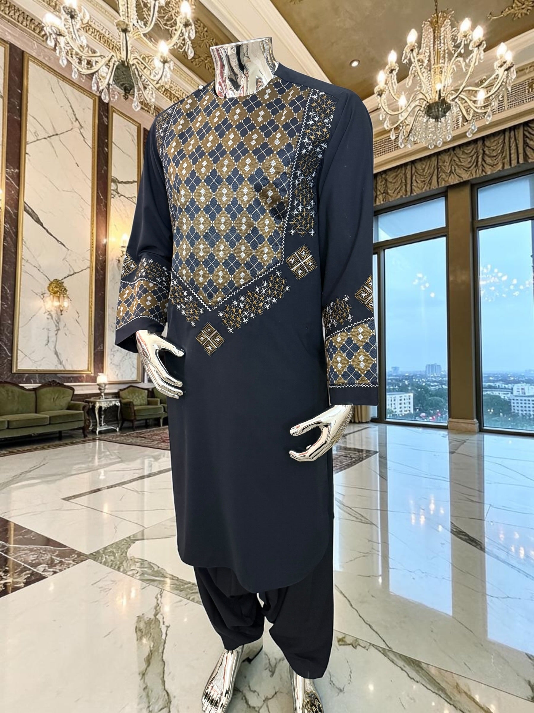 Medium Midnight Blue Afghan Parahan Tunban Set – Premium Hand Embroidery with Matching Shawl patto